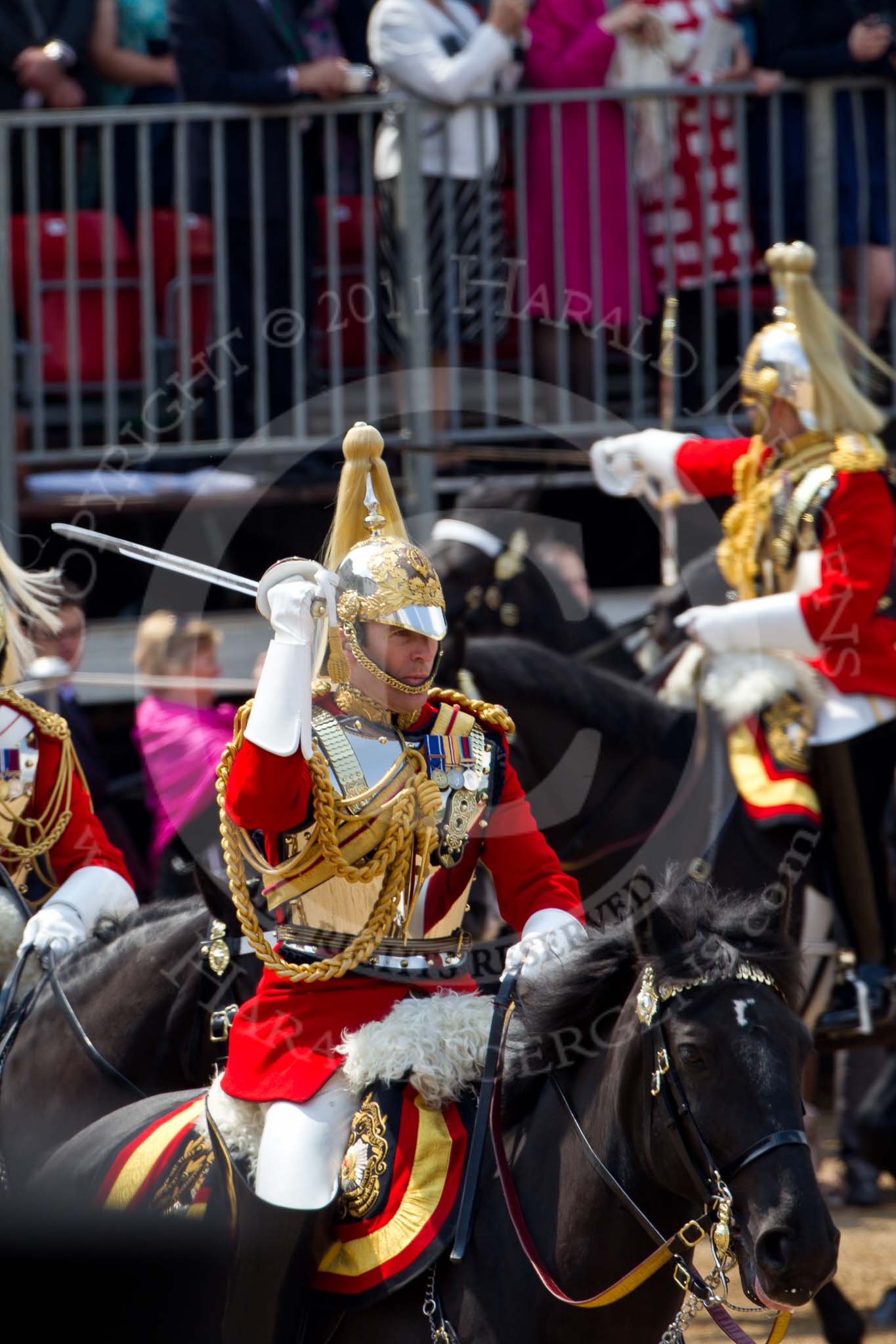 Trooping the Colour 2011: The Field Officer of the Escort, Major N P G van Cutsem, The Life Guards, during the Ride Past..
Horse Guards Parade, Westminster,
London SW1,
Greater London,
United Kingdom,
on 11 June 2011 at 11:58, image #360