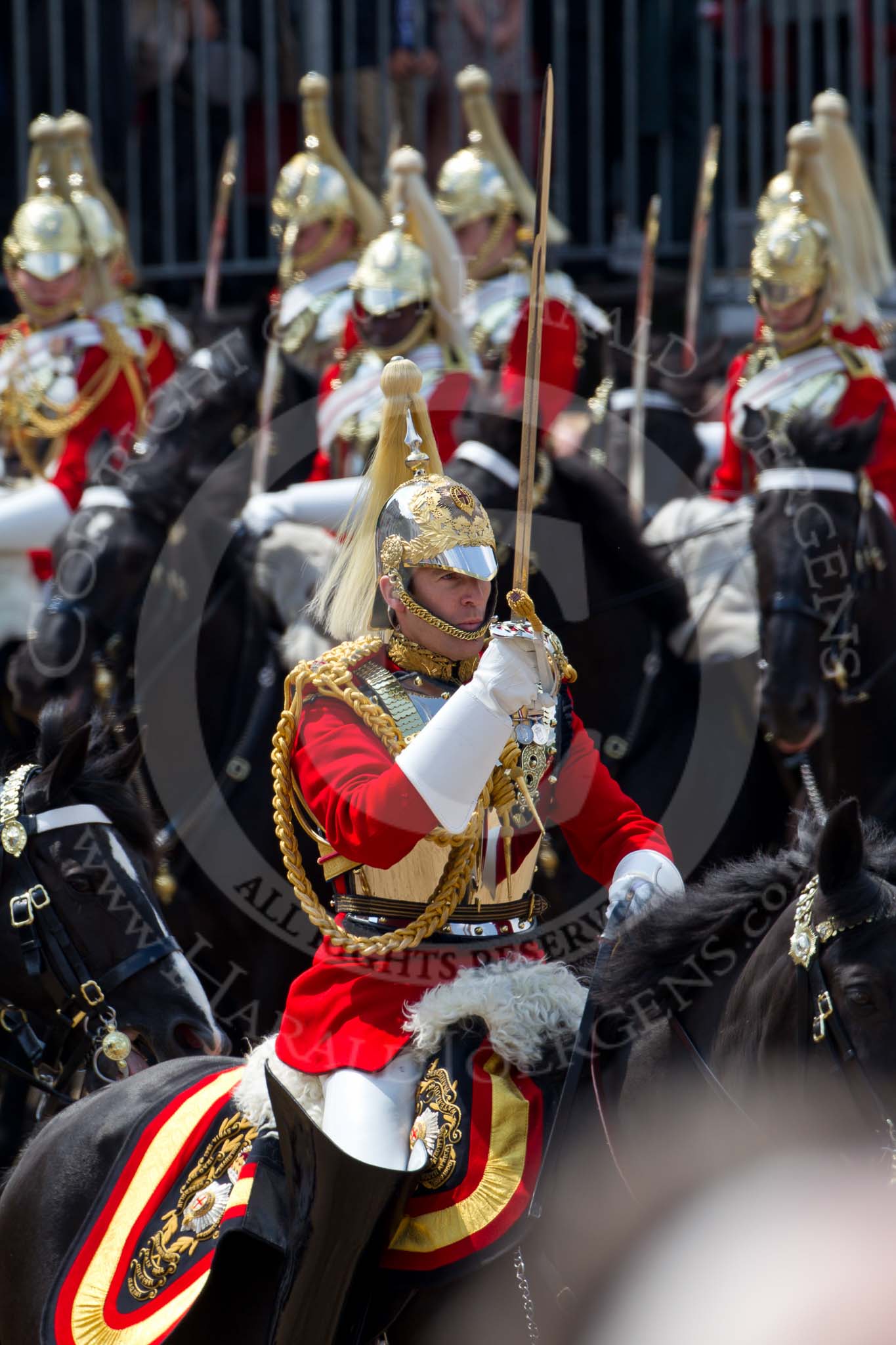 Trooping the Colour 2011: The Field Officer of the Escort, Major N P G van Cutsem, The Life Guards, during the Ride Past..
Horse Guards Parade, Westminster,
London SW1,
Greater London,
United Kingdom,
on 11 June 2011 at 11:58, image #362