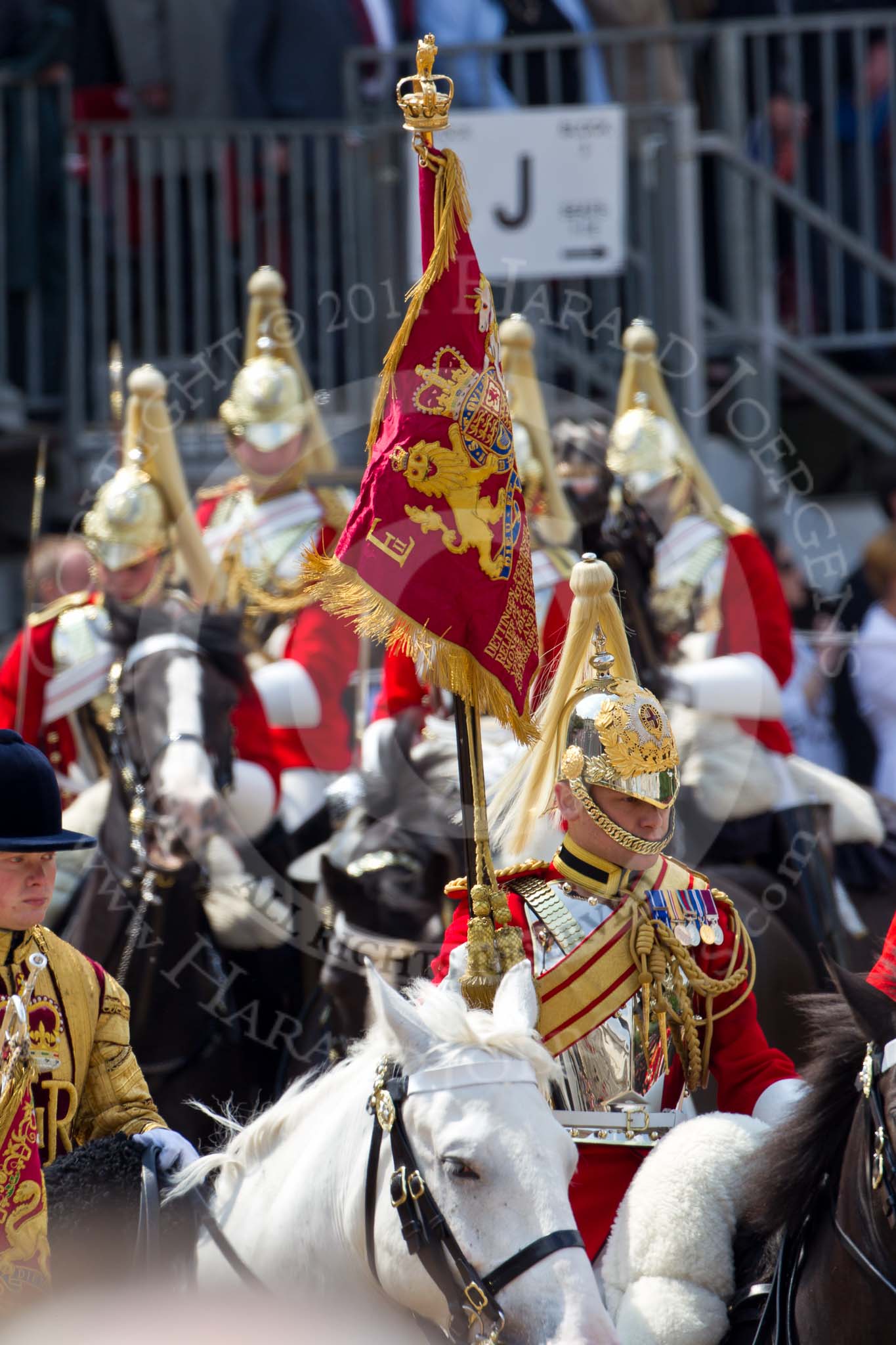 Trooping the Colour 2011: The Standard Bearer and Trumpeter, both from the Life Guards, during the Ride Past, close to the end of the parade..
Horse Guards Parade, Westminster,
London SW1,
Greater London,
United Kingdom,
on 11 June 2011 at 11:58, image #363