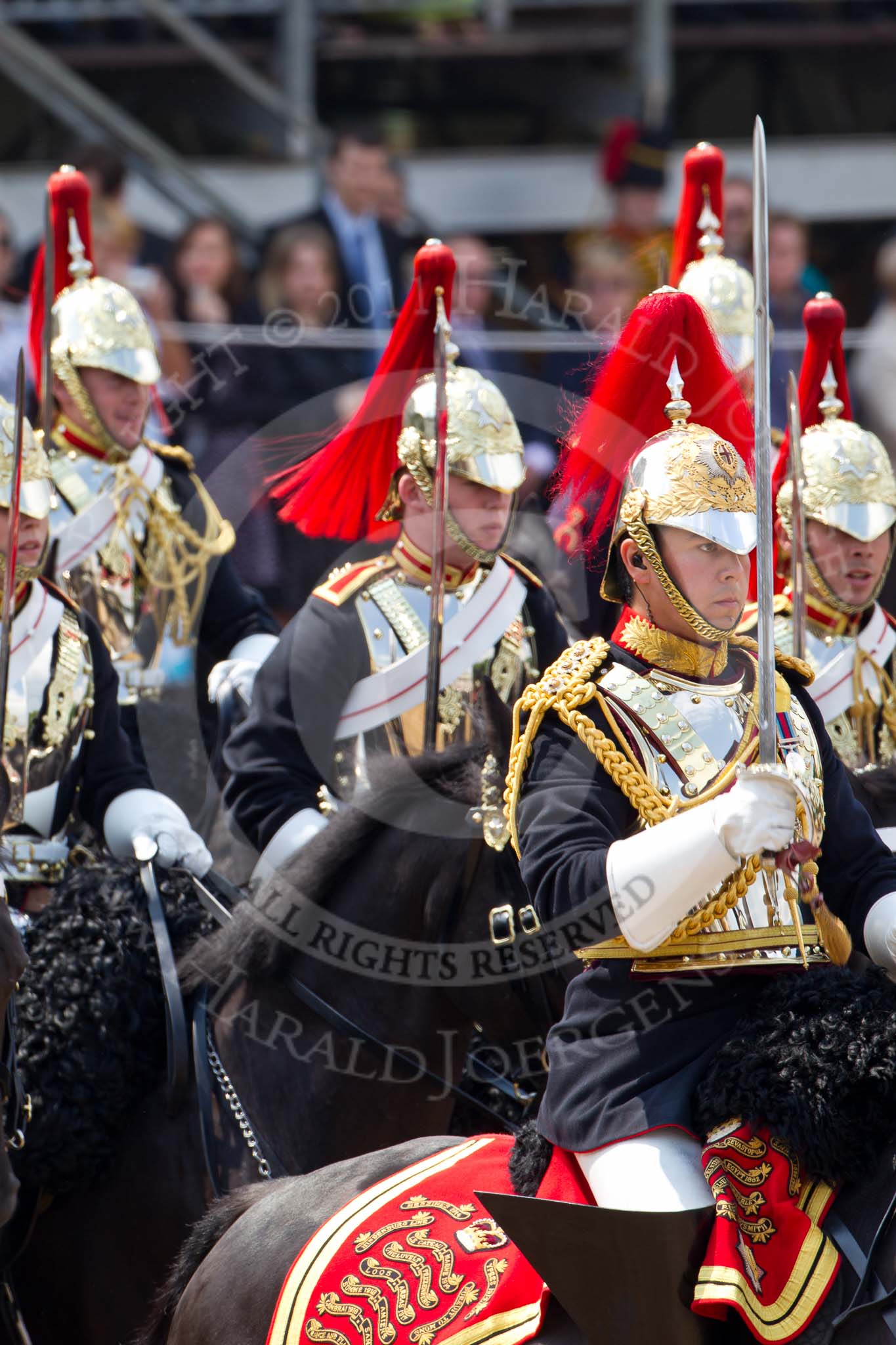 Trooping the Colour 2011: Household Cavalry, here The Blues and Royals, during the Ride Past..
Horse Guards Parade, Westminster,
London SW1,
Greater London,
United Kingdom,
on 11 June 2011 at 11:59, image #366