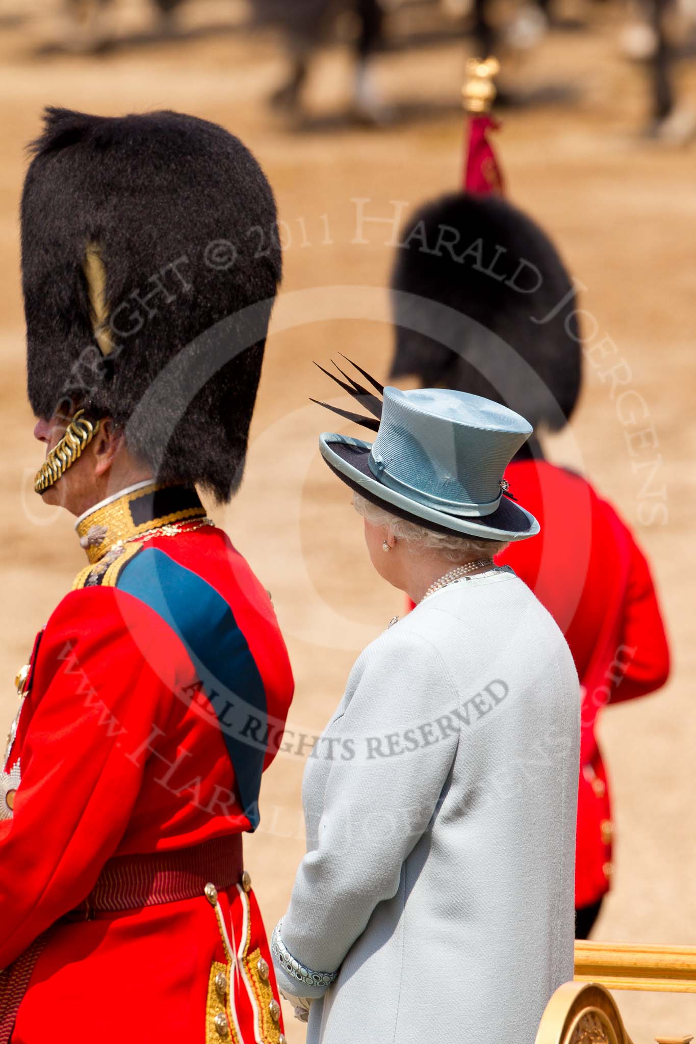 Trooping the Colour 2011: HRH Prince Philip, The Duke of Edinburgh, and HM The Queen standing on the saluting base during the Ride Past..
Horse Guards Parade, Westminster,
London SW1,
Greater London,
United Kingdom,
on 11 June 2011 at 12:00, image #367