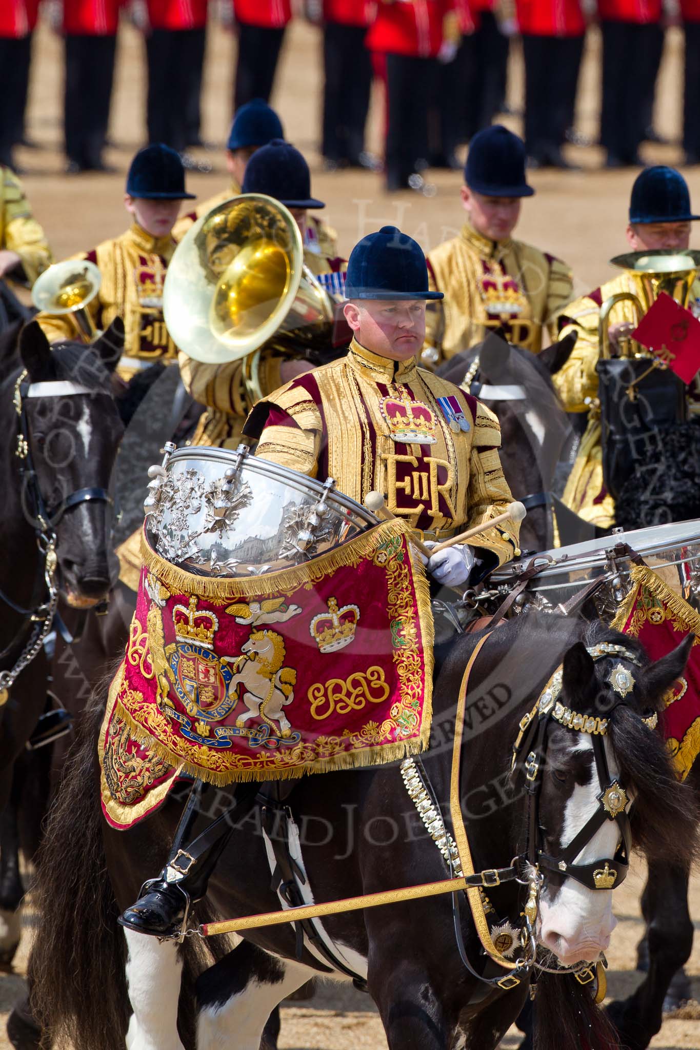 Trooping the Colour 2011: One of the two kettle drummers of the Band of The Life Guards during the Ride Past..
Horse Guards Parade, Westminster,
London SW1,
Greater London,
United Kingdom,
on 11 June 2011 at 12:00, image #368