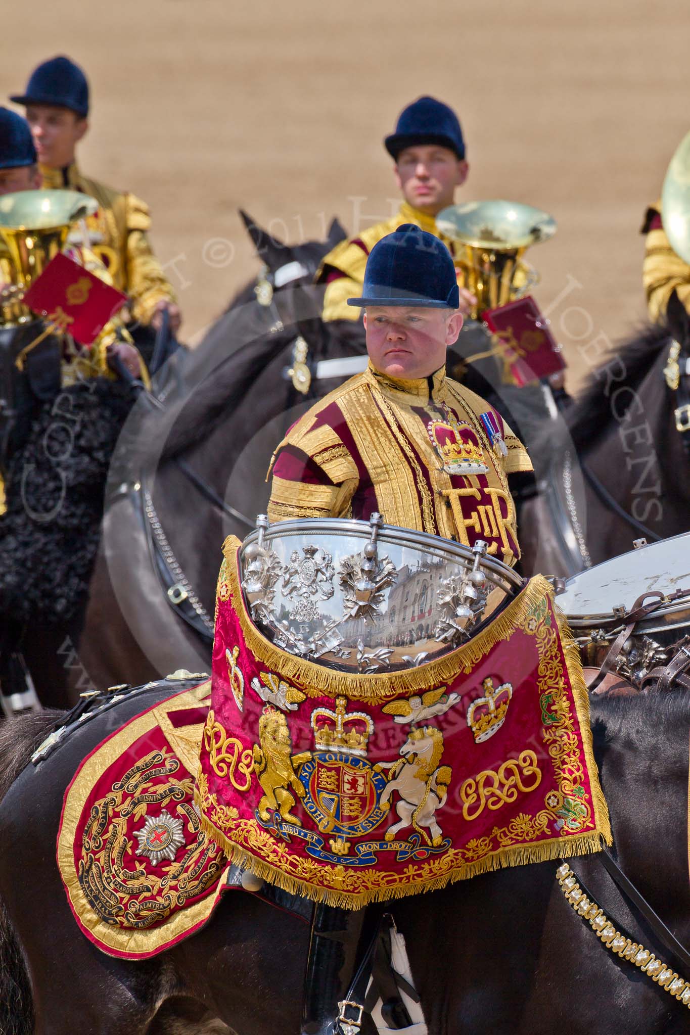 Trooping the Colour 2011: One of the two kettle drummers of the Band of The Life Guards during the Ride Past..
Horse Guards Parade, Westminster,
London SW1,
Greater London,
United Kingdom,
on 11 June 2011 at 12:00, image #370