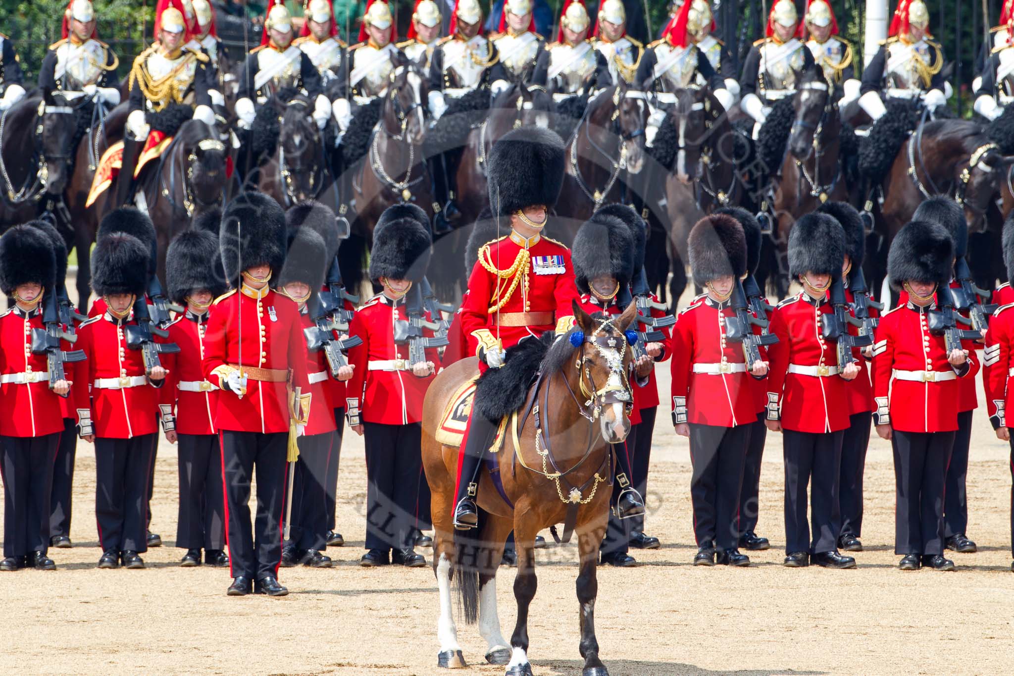 Trooping the Colour 2011: The parade is coming close to the end. The Field Officer, Lincoln Jopp, is about to ask  HM The Queen for permission to march off..
Horse Guards Parade, Westminster,
London SW1,
Greater London,
United Kingdom,
on 11 June 2011 at 12:01, image #376