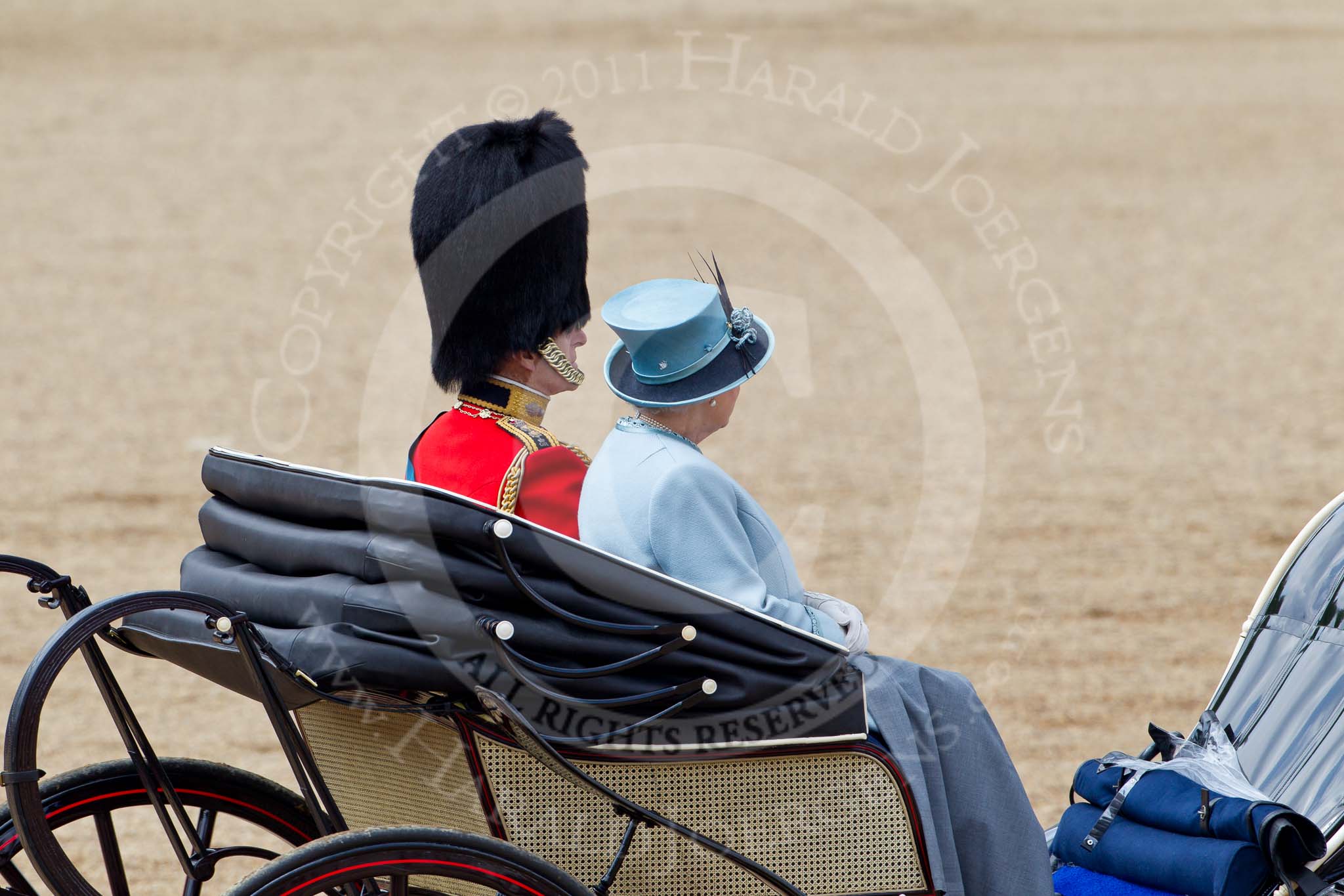 Trooping the Colour 2011: HM The Queen and HRH Prince Philip, The Duke of Edinburgh, in the ivory mounted phaeton, leaving the parade ground..
Horse Guards Parade, Westminster,
London SW1,
Greater London,
United Kingdom,
on 11 June 2011 at 12:10, image #412