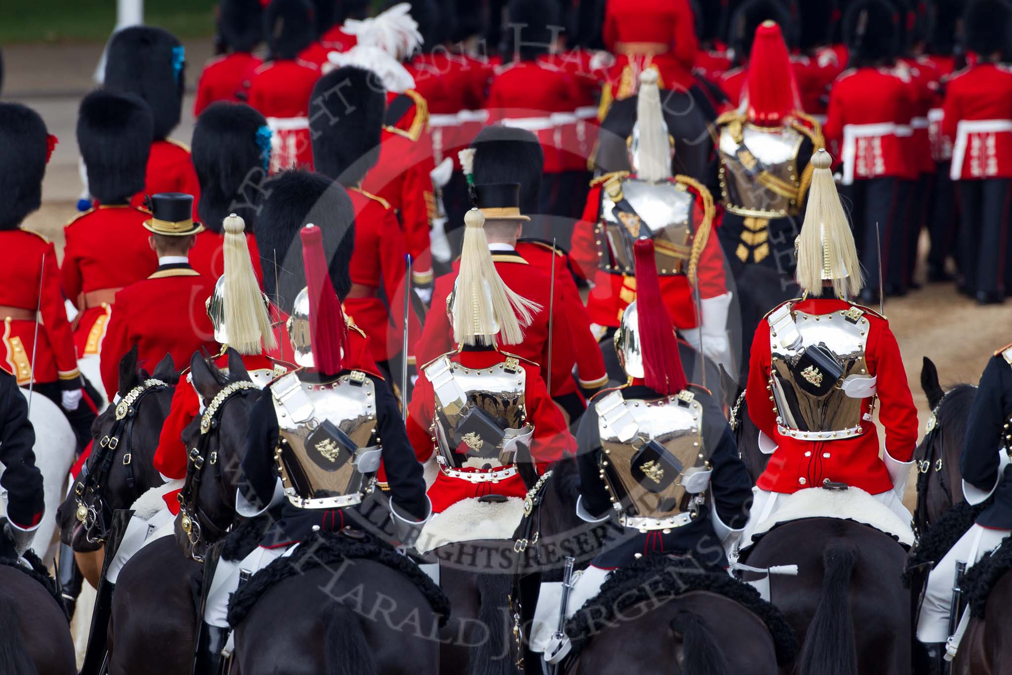 Trooping the Colour 2011: The rear part of the Royal Procession, followed by four troopers of The Life guards, and four troppers of The Blues and Royals, leaving Horse Guards Parade towards The Mall at the end of the event..
Horse Guards Parade, Westminster,
London SW1,
Greater London,
United Kingdom,
on 11 June 2011 at 12:12, image #432