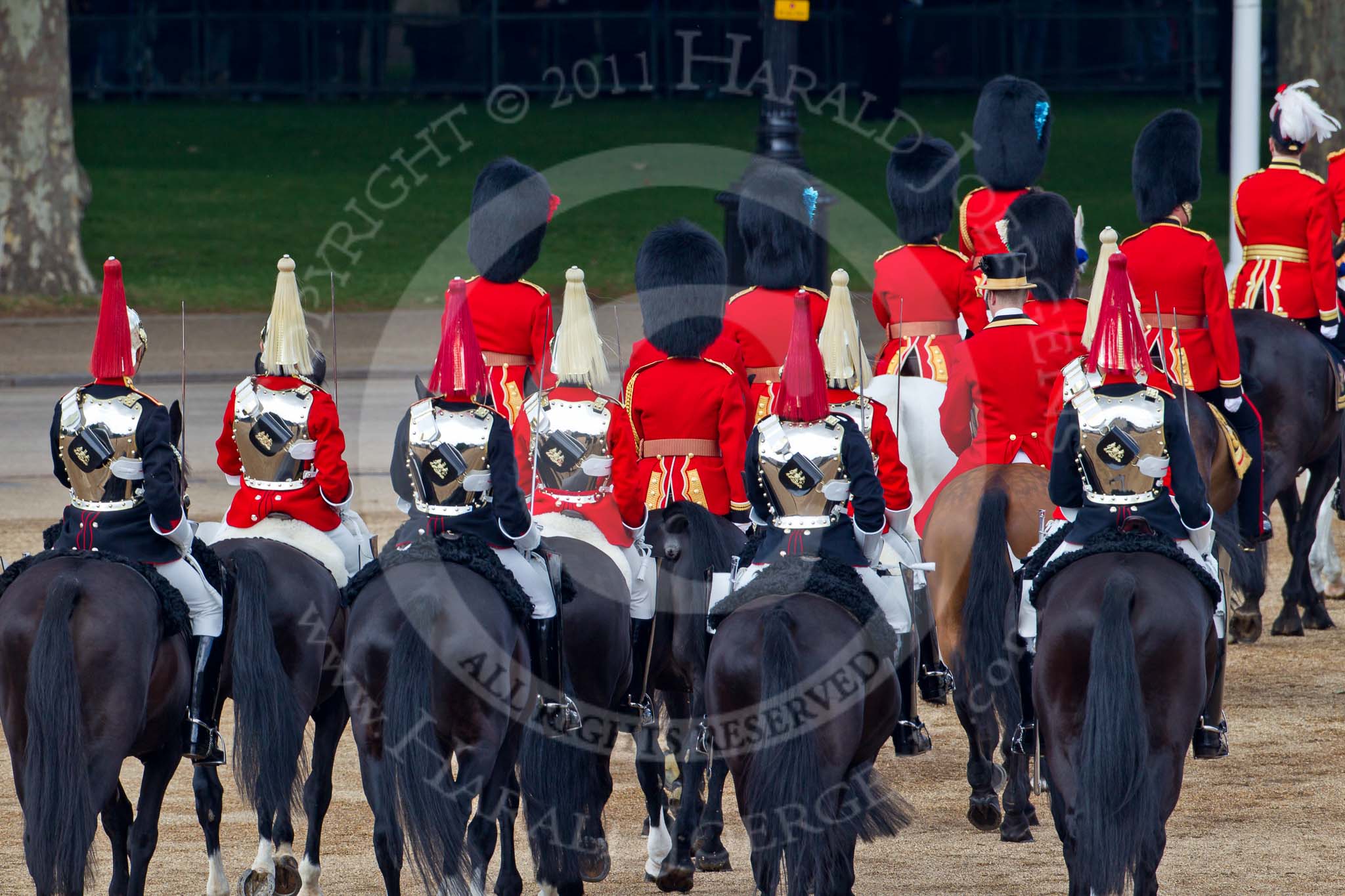 Trooping the Colour 2011: The rear part of the Royal Procession, followed by four troopers of The Life guards, and four troppers of The Blues and Royals, leaving Horse Guards Parade towards The Mall at the end of the event..
Horse Guards Parade, Westminster,
London SW1,
Greater London,
United Kingdom,
on 11 June 2011 at 12:13, image #434