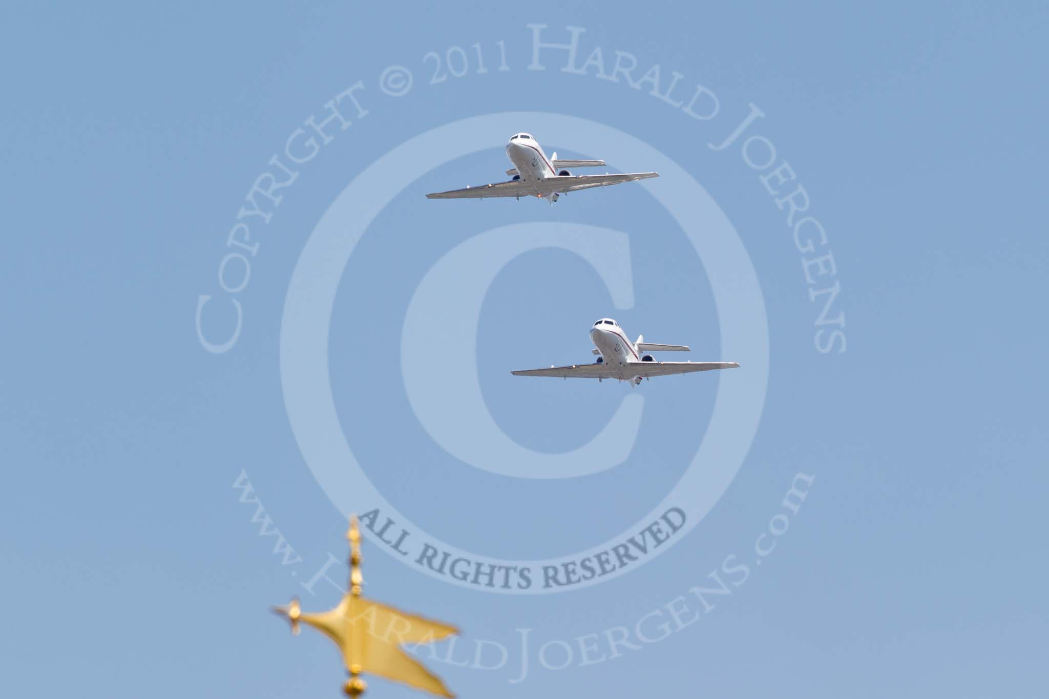 Trooping the Colour 2011: Two BAE HS125 CC3 aircraft operated by No 32 (The Royal) Squadron, at RAF Northolt taking part in the flypast over Buckingham Palace at Trooping the Colour 2011..
Horse Guards Parade, Westminster,
London SW1,
Greater London,
United Kingdom,
on 11 June 2011 at 13:02, image #446