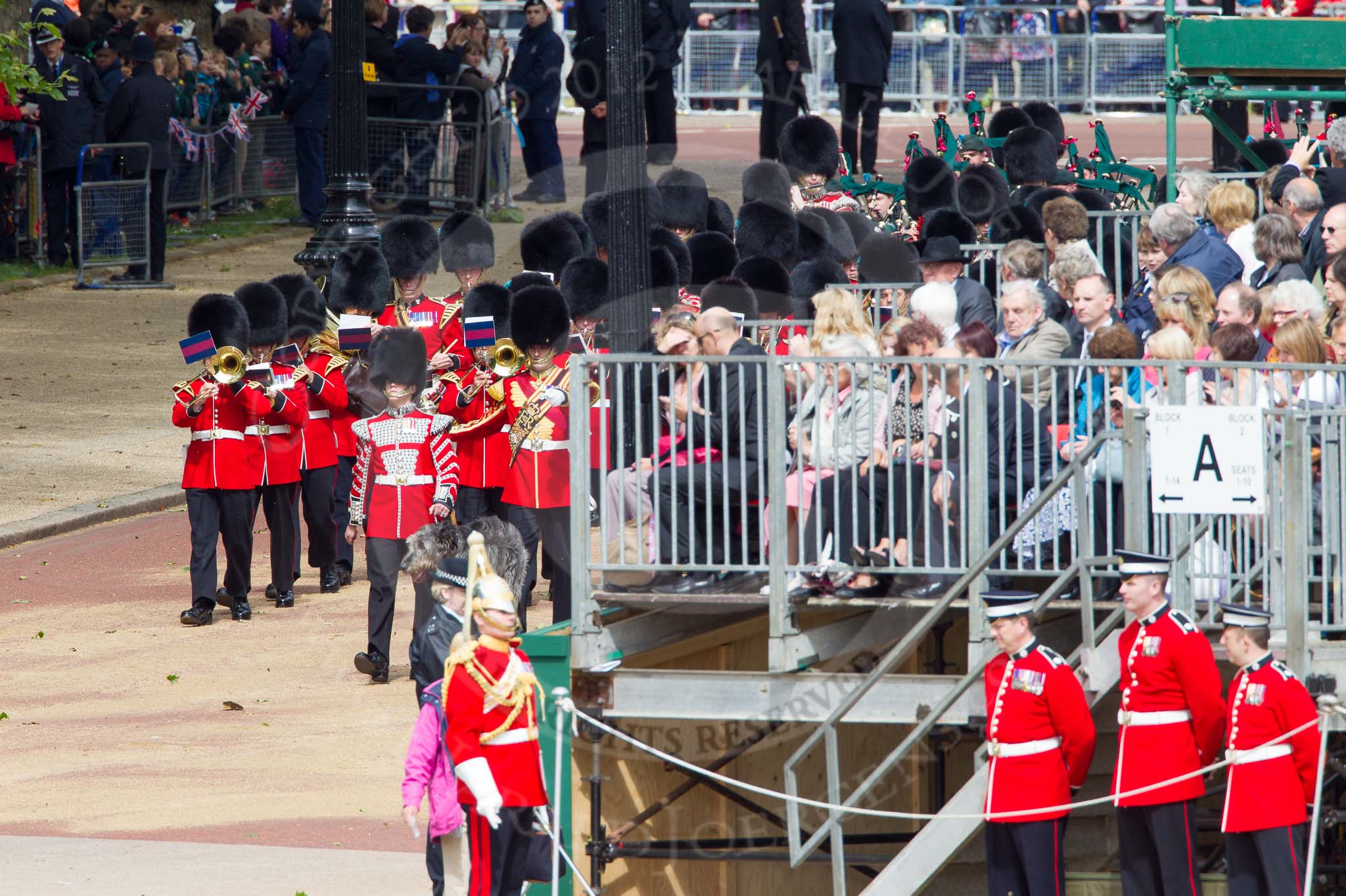 The Colonel's Review 2012: The Band of the Irish Guards on the way towards Horse Guards Parade, with their famous Irish Wolfhound mascot Conmael..
Horse Guards Parade, Westminster,
London SW1,

United Kingdom,
on 09 June 2012 at 10:21, image #42