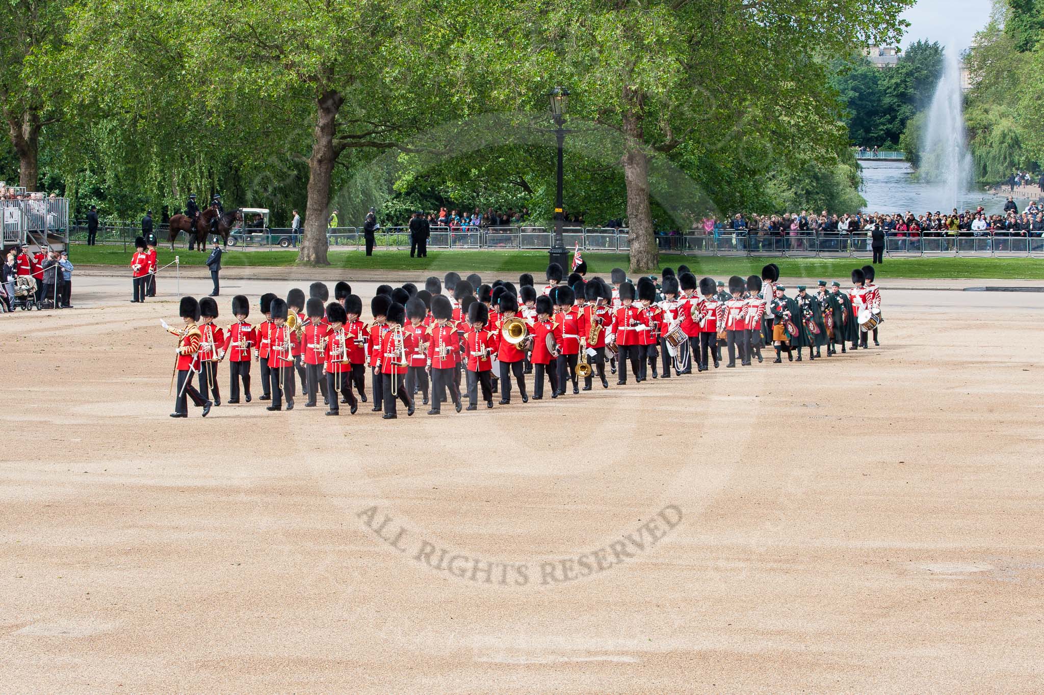 The Colonel's Review 2012: The Band of the Irish Guards getting into position at Horse Guards Parade, in the background St James's Park..
Horse Guards Parade, Westminster,
London SW1,

United Kingdom,
on 09 June 2012 at 10:23, image #51