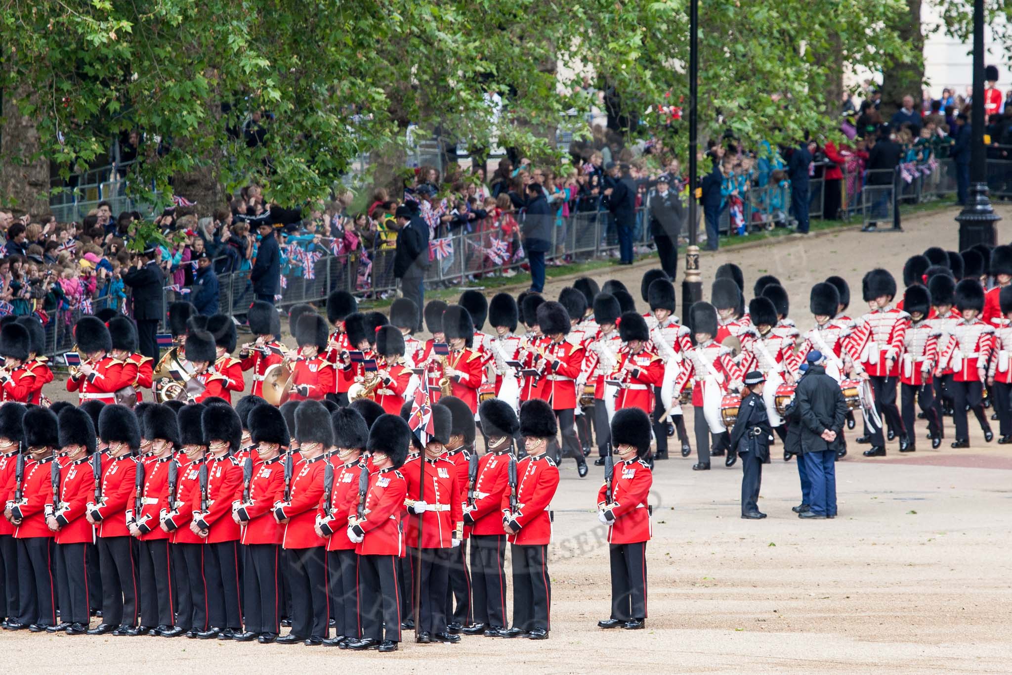 The Colonel's Review 2012: No. 6 guard in place at Horse Guards Parade, the Band of the Coldstream Guards just arriving from the Mall..
Horse Guards Parade, Westminster,
London SW1,

United Kingdom,
on 09 June 2012 at 10:29, image #71