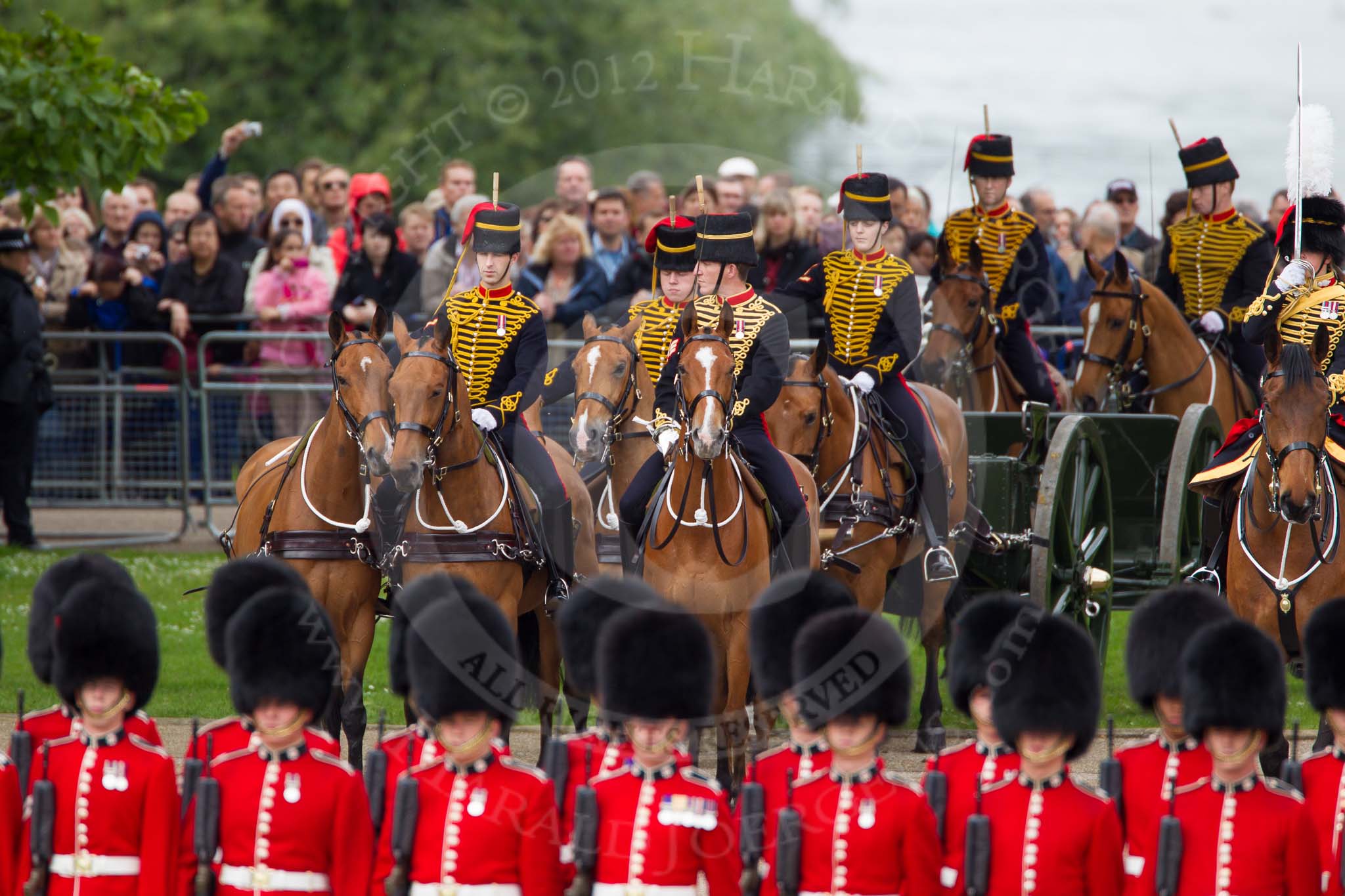 The Colonel's Review 2012: The King's Troop Royal Horse Artillery waiting on the St James's Park side of Horse Guards Parade, behind the lines of guardsmen from No. 1 and No. 2 Guard..
Horse Guards Parade, Westminster,
London SW1,

United Kingdom,
on 09 June 2012 at 10:40, image #104