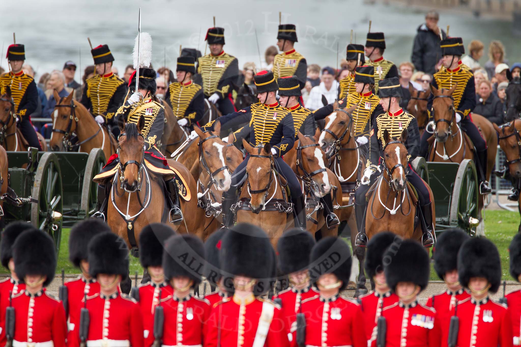 The Colonel's Review 2012: The King's Troop Royal Horse Artillery waiting on the St James's Park side of Horse Guards Parade, behind the lines of guardsmen from No. 1 and No. 2 Guard..
Horse Guards Parade, Westminster,
London SW1,

United Kingdom,
on 09 June 2012 at 10:40, image #105