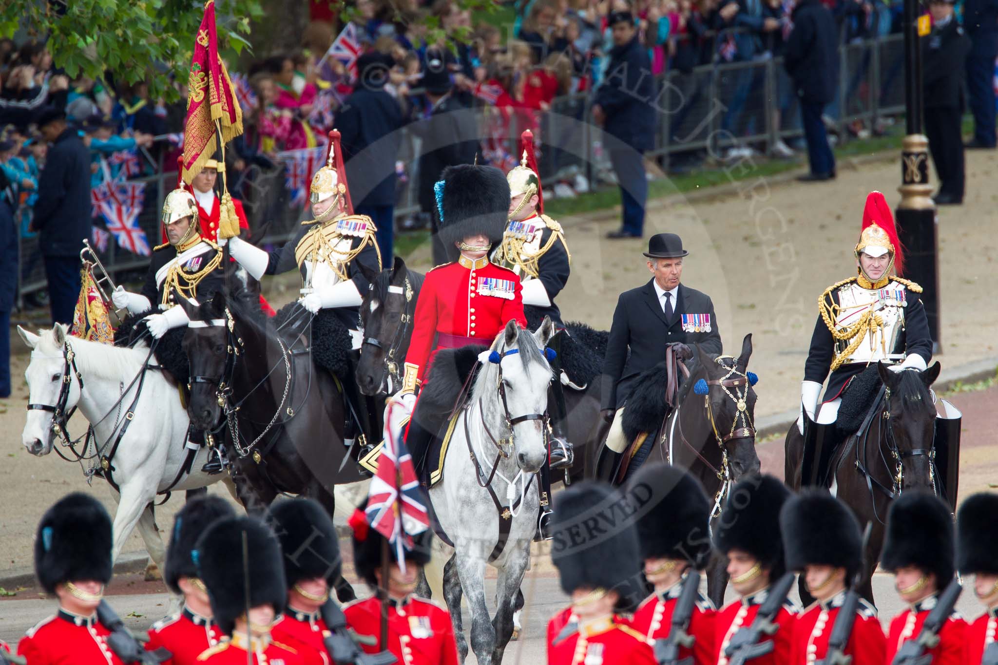 The Colonel's Review 2012: Representing the Royal Colonels (guessing here!): On the left, a Captain of the Irish Guards, riding the horse of the Duke of Cambridge, in the middle the Queen's Stud Groom, riding the Prince of Wales's horse, and on the right a Lieutenant Colonel of the Blues and Royal, riding the horse of the Princess Royal..
Horse Guards Parade, Westminster,
London SW1,

United Kingdom,
on 09 June 2012 at 10:57, image #146