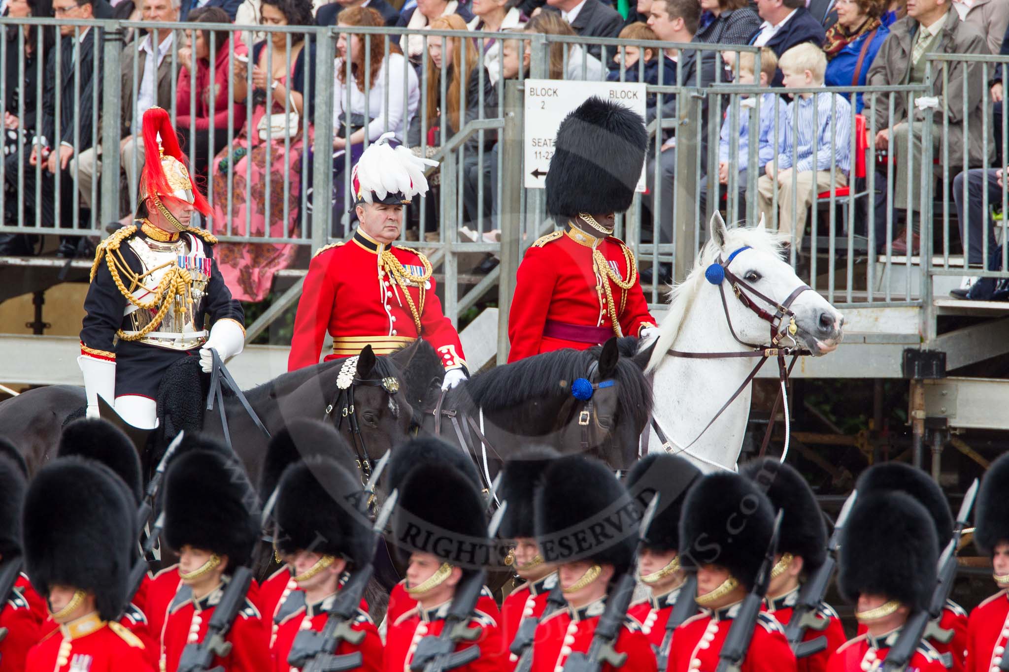 The Colonel's Review 2012: Silver-Stick-in-Waiting, Colonel S H Cowen,
The Blues and Royals (Royal Horse Guards
and 1st Dragoons), Chief of Staff, Colonel R H W St G Bodington, Welsh
Guards, and Aide-de-Camp, Captain F A O Kuku, Grenadier Guards.
Horse Guards Parade, Westminster,
London SW1,

United Kingdom,
on 09 June 2012 at 10:57, image #153