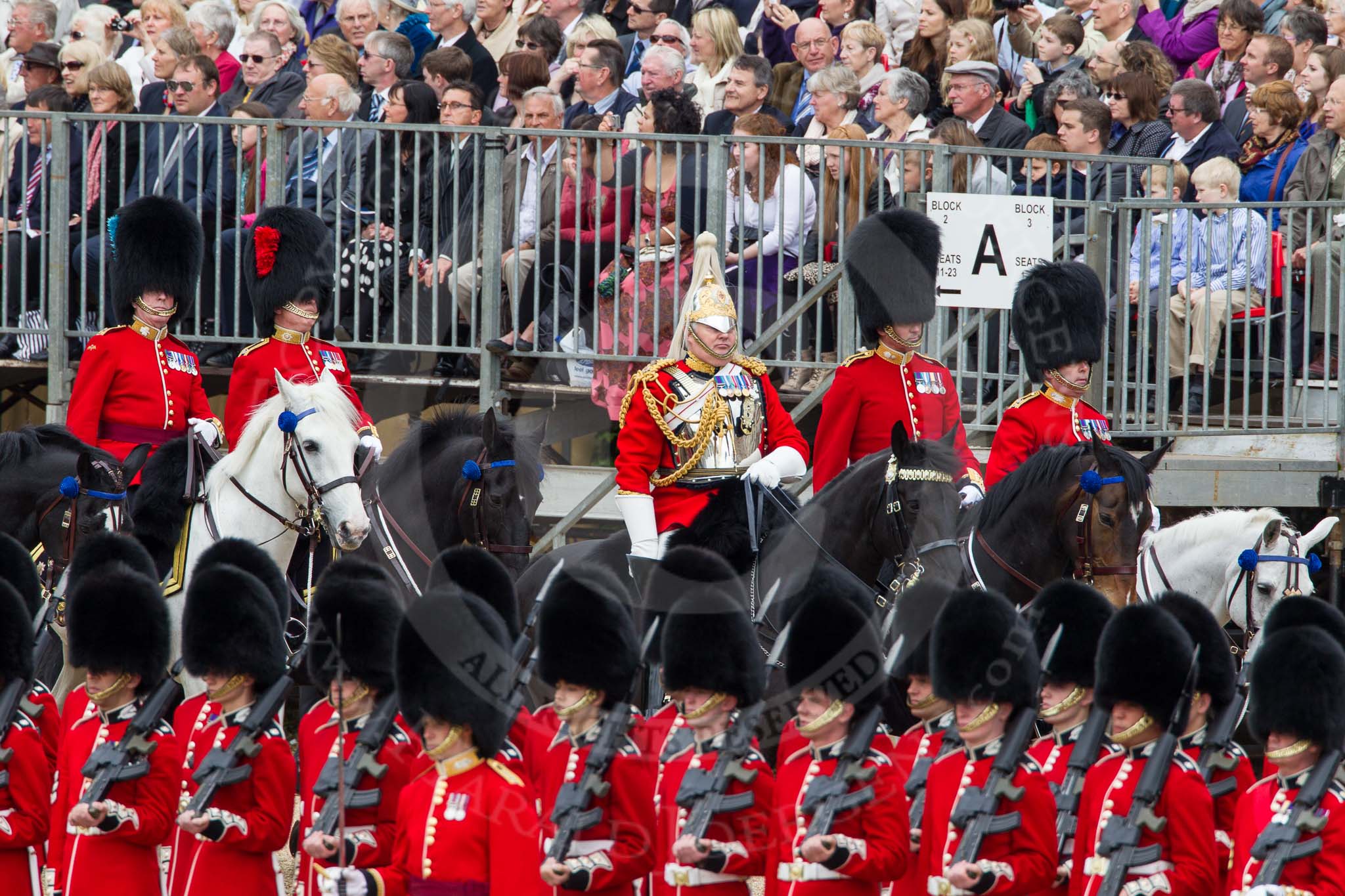 The Colonel's Review 2012: Lieutenant Colonel H S J Scott, The Life Guards, Major G V A Baker, Grenadier Guards, Lieutenant Colonel A W Foster, Scots Guards, behind them Lieutenant Colonel J B O’Gorman, Irish Guards and Major E M Crofton, Coldstream Guards..
Horse Guards Parade, Westminster,
London SW1,

United Kingdom,
on 09 June 2012 at 10:58, image #154