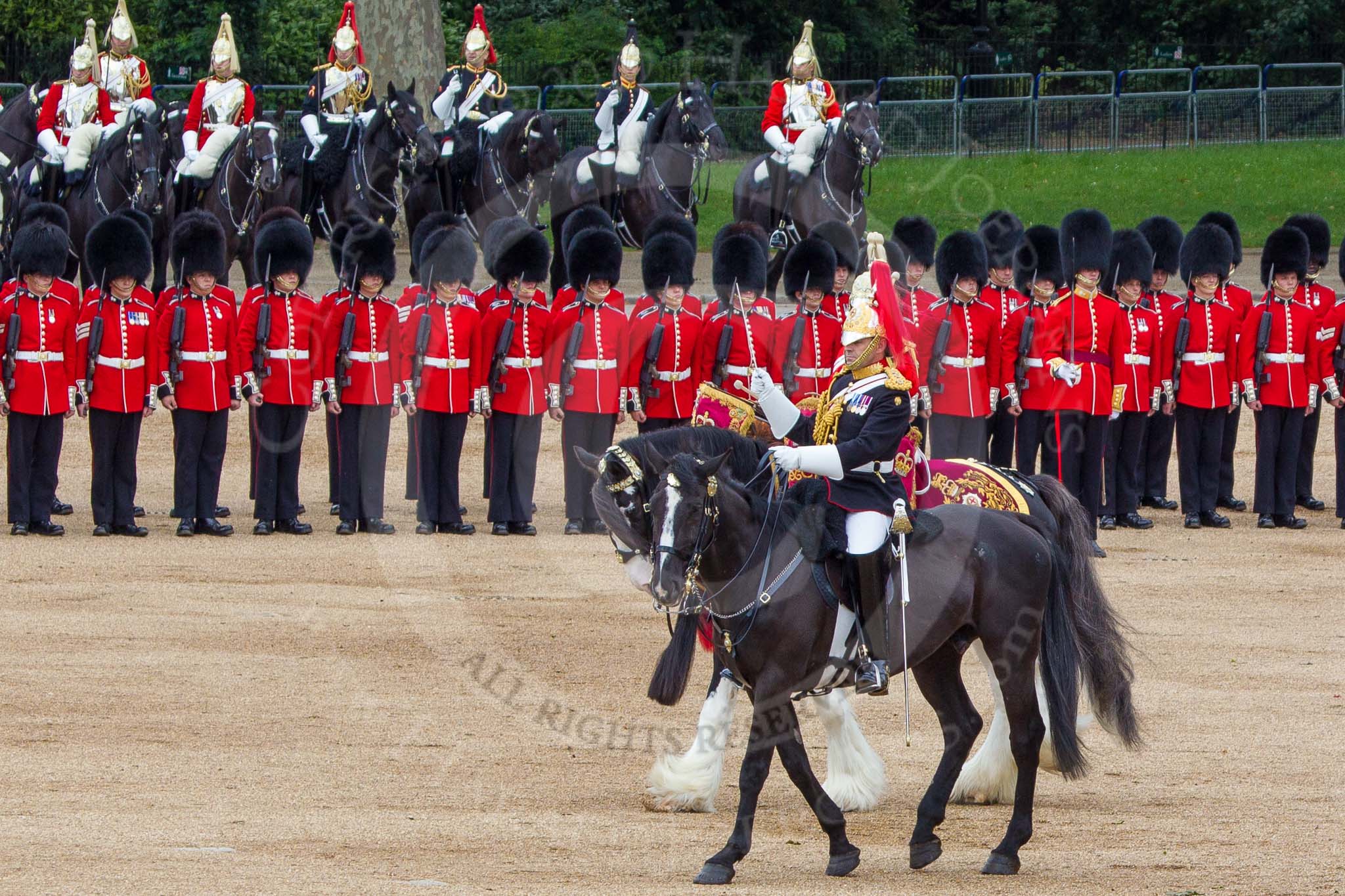 The Colonel's Review 2012: The Senior Director of Music, Lieutenant Colonel S C Barnwell, Welsh Guards, and the Kettle Drummer from The Life Guards behind him..
Horse Guards Parade, Westminster,
London SW1,

United Kingdom,
on 09 June 2012 at 11:50, image #386