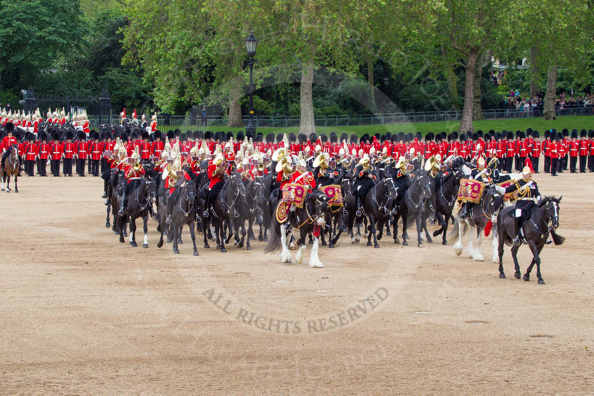 The Colonel's Review 2012: The Mounted Bands of the Household Cavalry have changed direction and are now riding towards HW The Queen..
Horse Guards Parade, Westminster,
London SW1,

United Kingdom,
on 09 June 2012 at 11:51, image #388