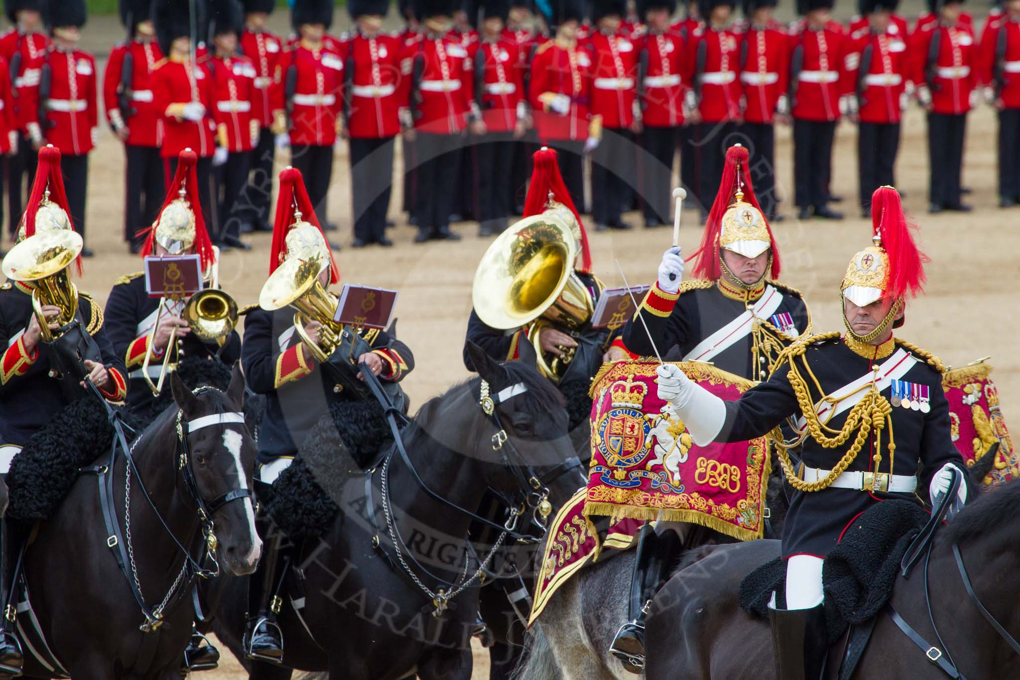 The Colonel's Review 2012: The Senior Director of Music, Lieutenant Colonel S C Barnwell, Welsh Guards, and the Kettle Drummer from The Blues and Royals and parts of the Blues and Royals Band behind him..
Horse Guards Parade, Westminster,
London SW1,

United Kingdom,
on 09 June 2012 at 11:51, image #390