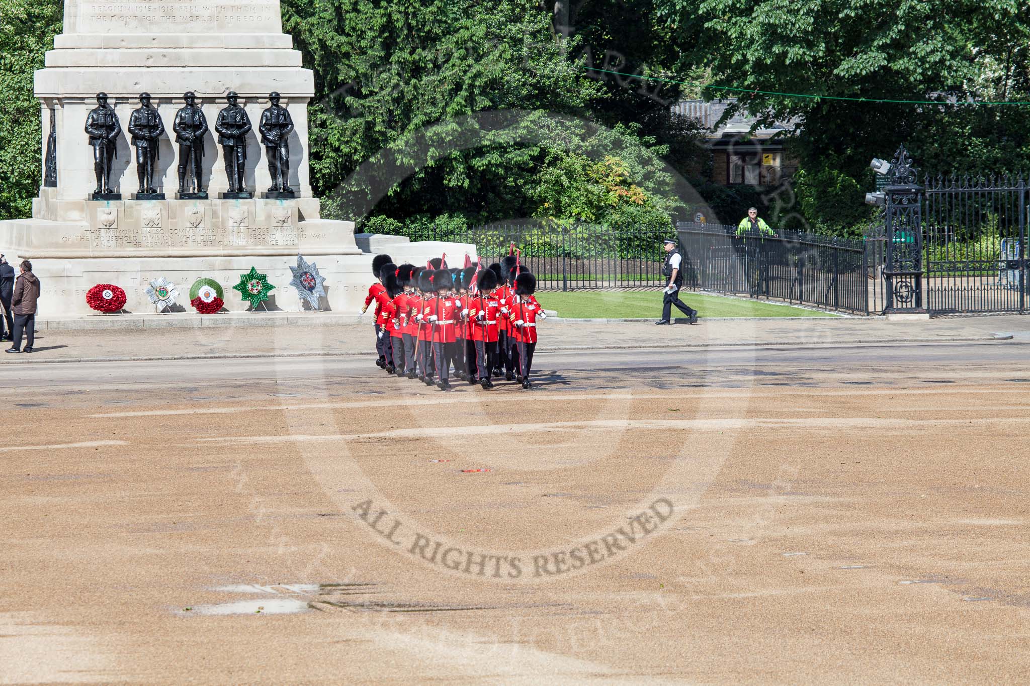 Trooping the Colour 2012: The "Keepers of the Ground" arriving, they will mark the positions of their Guard Division on Horse Guards Parade. Behind them the Guards Memorial..
Horse Guards Parade, Westminster,
London SW1,

United Kingdom,
on 16 June 2012 at 09:52, image #9