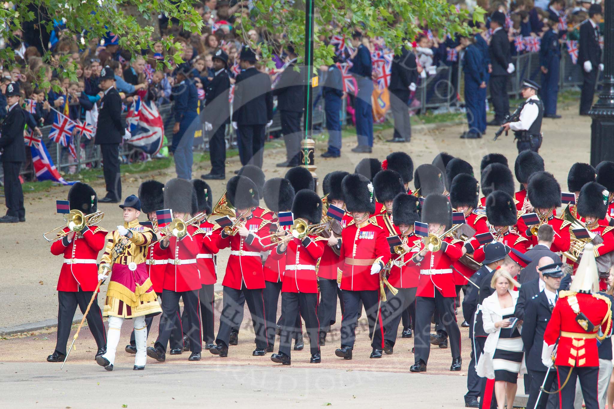 Trooping the Colour 2012: The Band of the Welsh Guards arriving on Horse Guards Parade, led by Senior Drum Major M Betts, Grenadier Guards..
Horse Guards Parade, Westminster,
London SW1,

United Kingdom,
on 16 June 2012 at 10:12, image #19