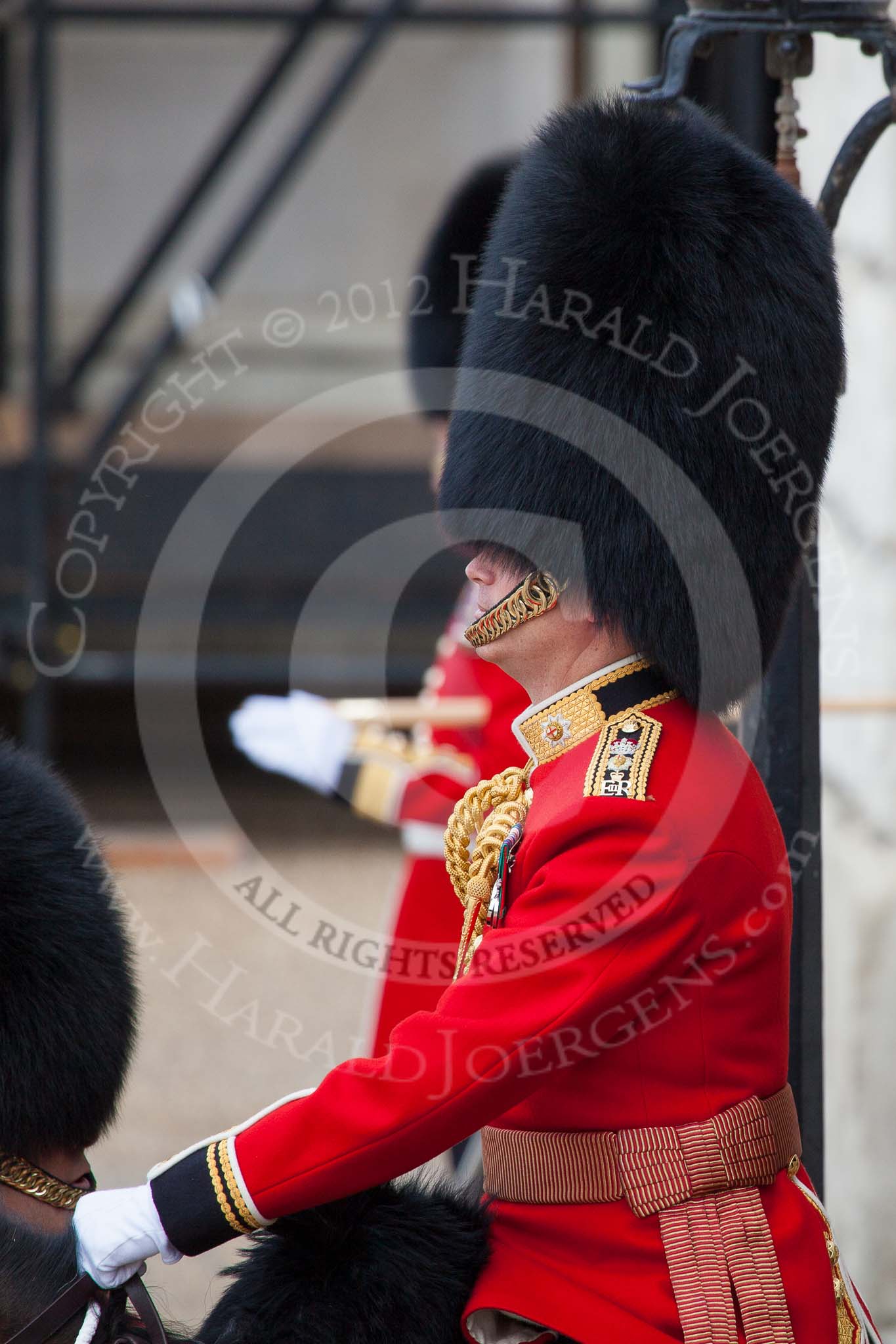 Trooping the Colour 2012: A close-up of the Field Officer in Brigade Waiting, Lieutenant Colonel R C N Sergeant, Coldstream Guards..
Horse Guards Parade, Westminster,
London SW1,

United Kingdom,
on 16 June 2012 at 10:37, image #97