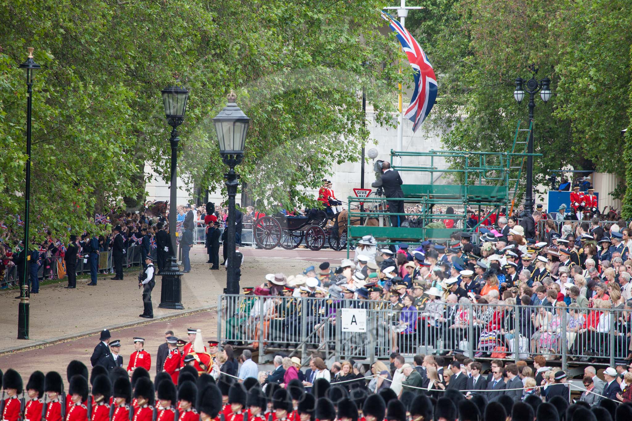 Trooping the Colour 2012: A first glimpse of the carriage with Prince Andrew, the Duke of York, and his daughters, Princesses Beatrice and Eugenie of York..
Horse Guards Parade, Westminster,
London SW1,

United Kingdom,
on 16 June 2012 at 10:49, image #110