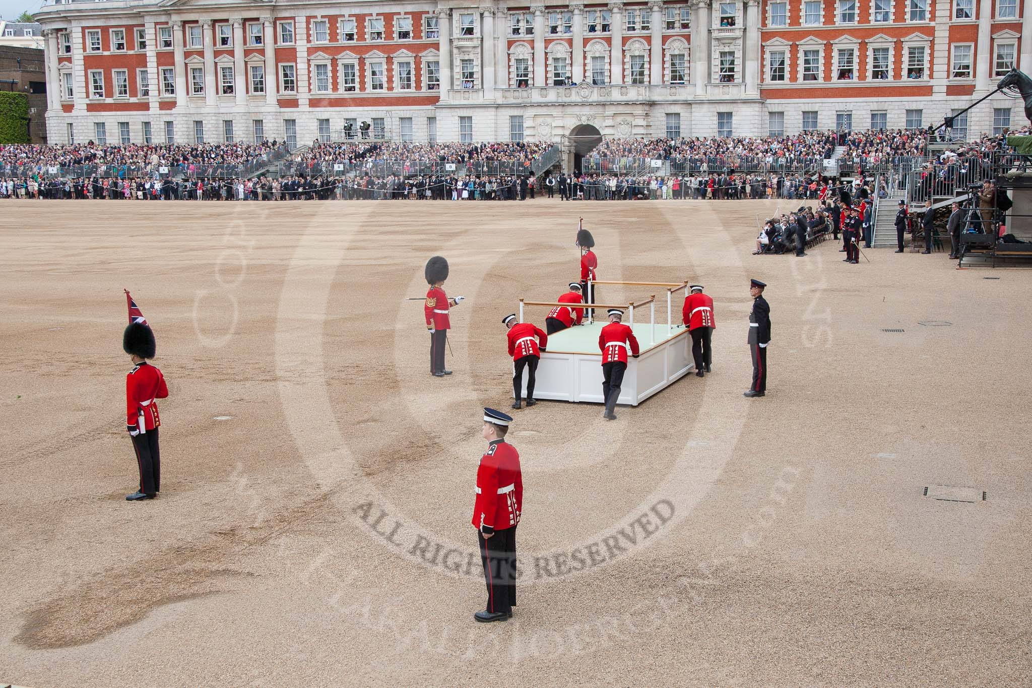 Trooping the Colour 2012: After the two carriages have passed, the saluting base for HM The Queen is moved into place..
Horse Guards Parade, Westminster,
London SW1,

United Kingdom,
on 16 June 2012 at 10:52, image #133