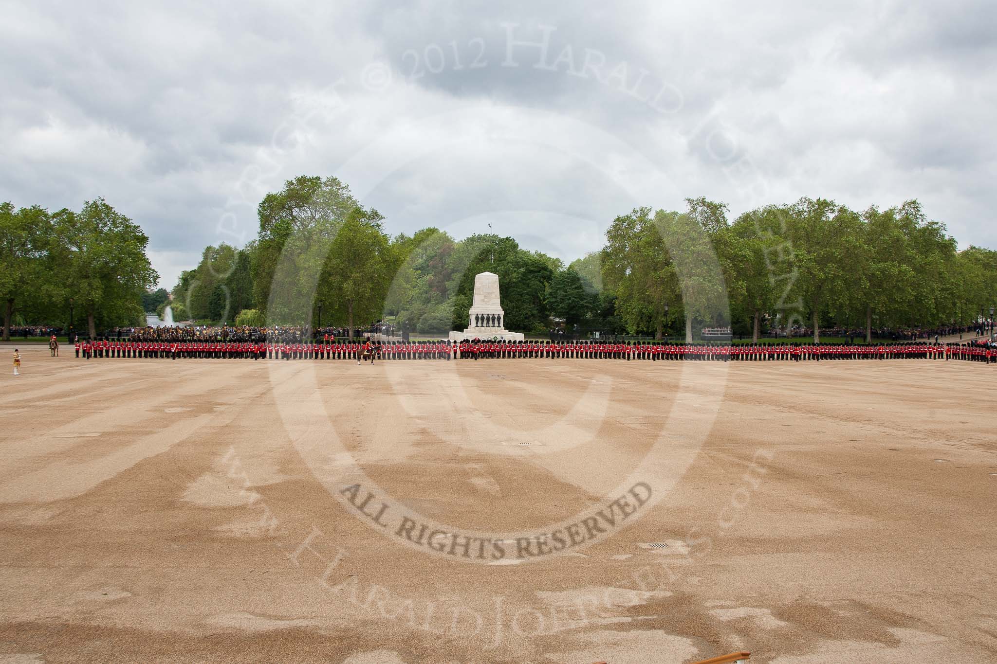 Trooping the Colour 2012: No. 3 Guard has closed the gap in the line again, after the two carriages with members of the Royal Family have passed..
Horse Guards Parade, Westminster,
London SW1,

United Kingdom,
on 16 June 2012 at 10:52, image #134