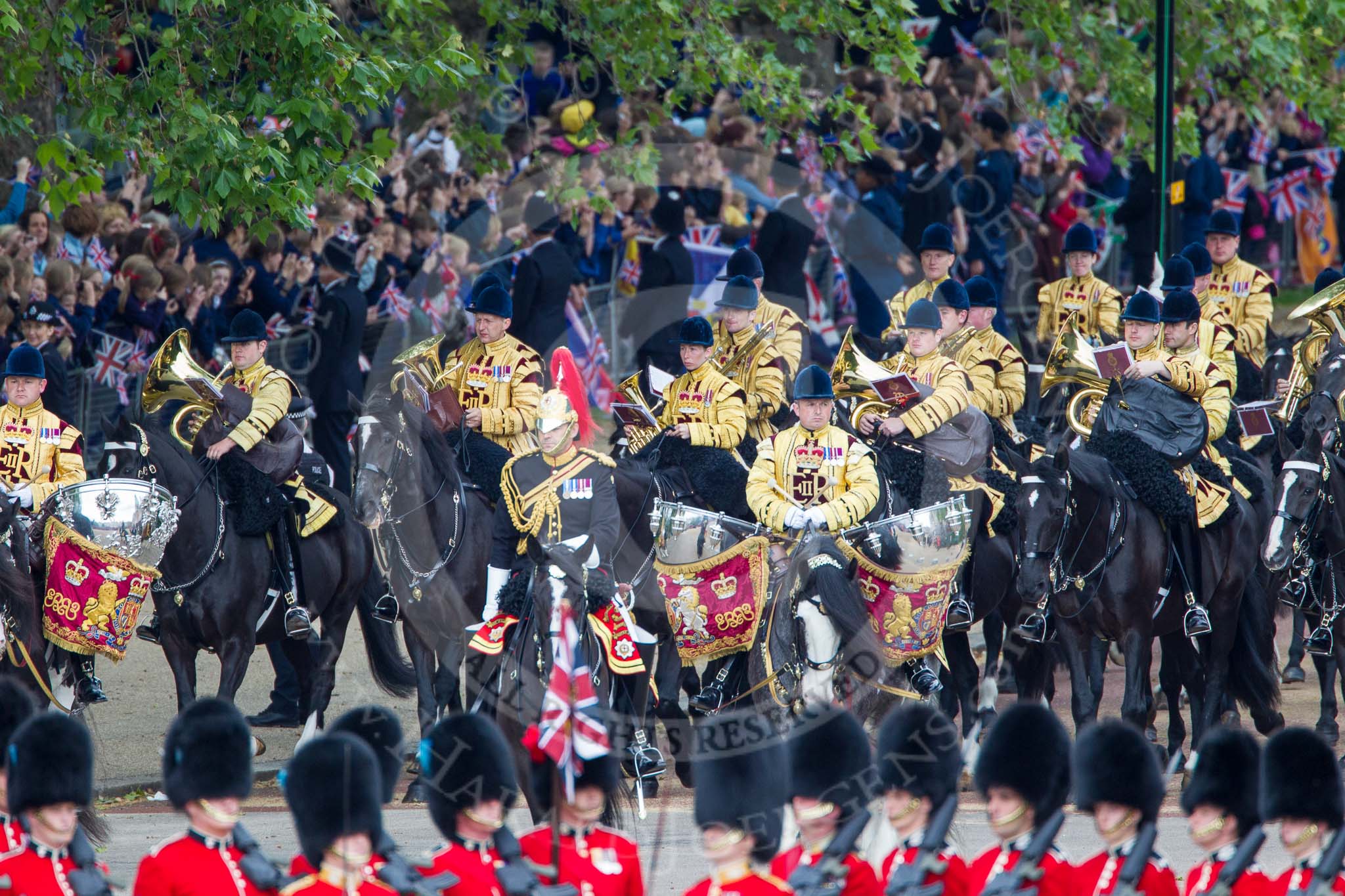 Trooping the Colour 2012: The Mounted Band of the Household Cavalry, with the two Kettle Drummers behind the Director of Music, Captain J Griffiths, The Blues and Royals..
Horse Guards Parade, Westminster,
London SW1,

United Kingdom,
on 16 June 2012 at 10:56, image #143