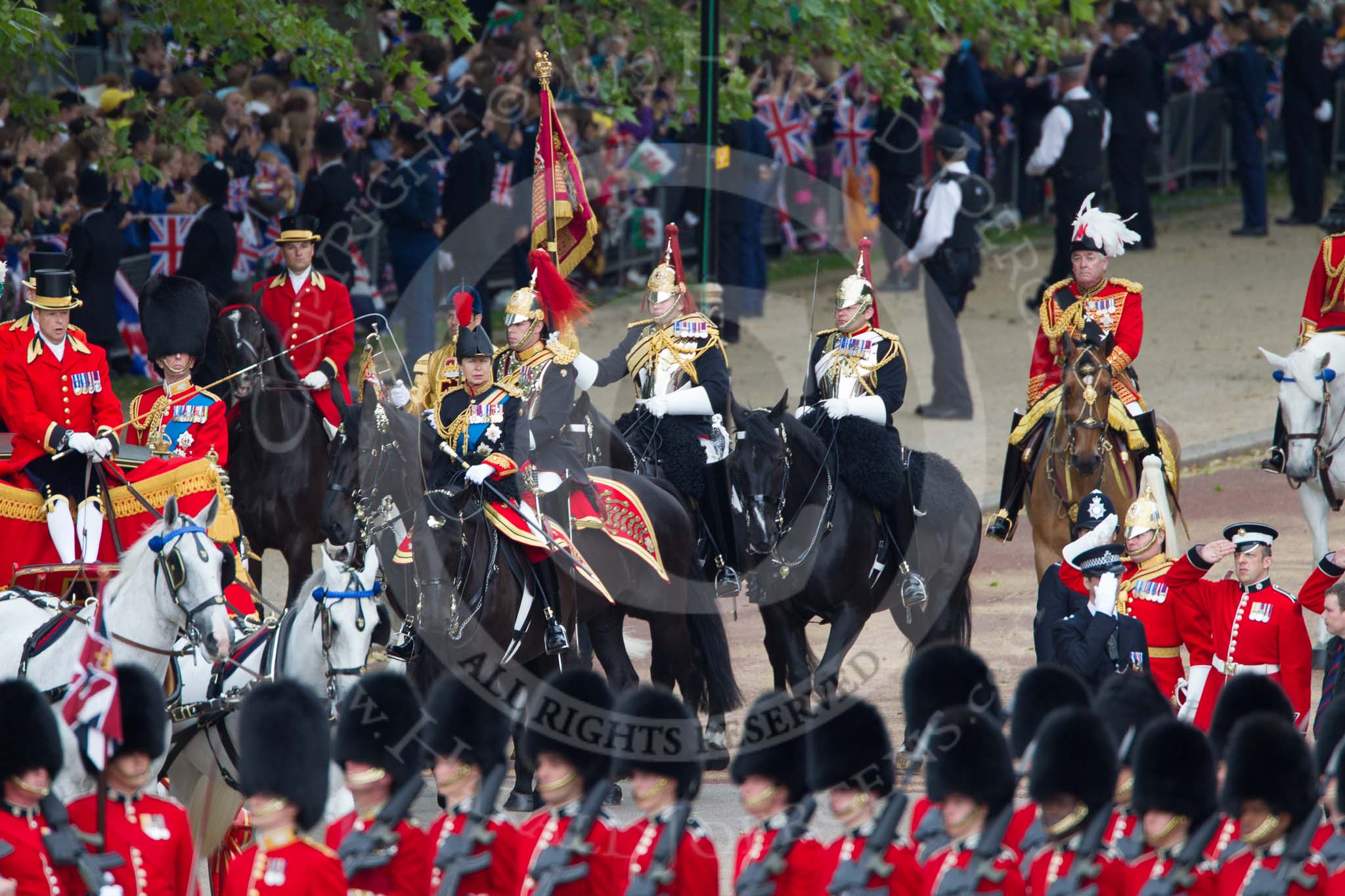 Trooping the Colour 2012: The Glass Coach is turning onto Horse Guards Parade. Behind the Duke of Kent and the Princess Royal as Royal Colonels, behind them the Standard Coverer, the Standard Bearer, the  Trumpeter, and on the very right the Master of the Horse, The Lord Vestey..
Horse Guards Parade, Westminster,
London SW1,

United Kingdom,
on 16 June 2012 at 10:58, image #151