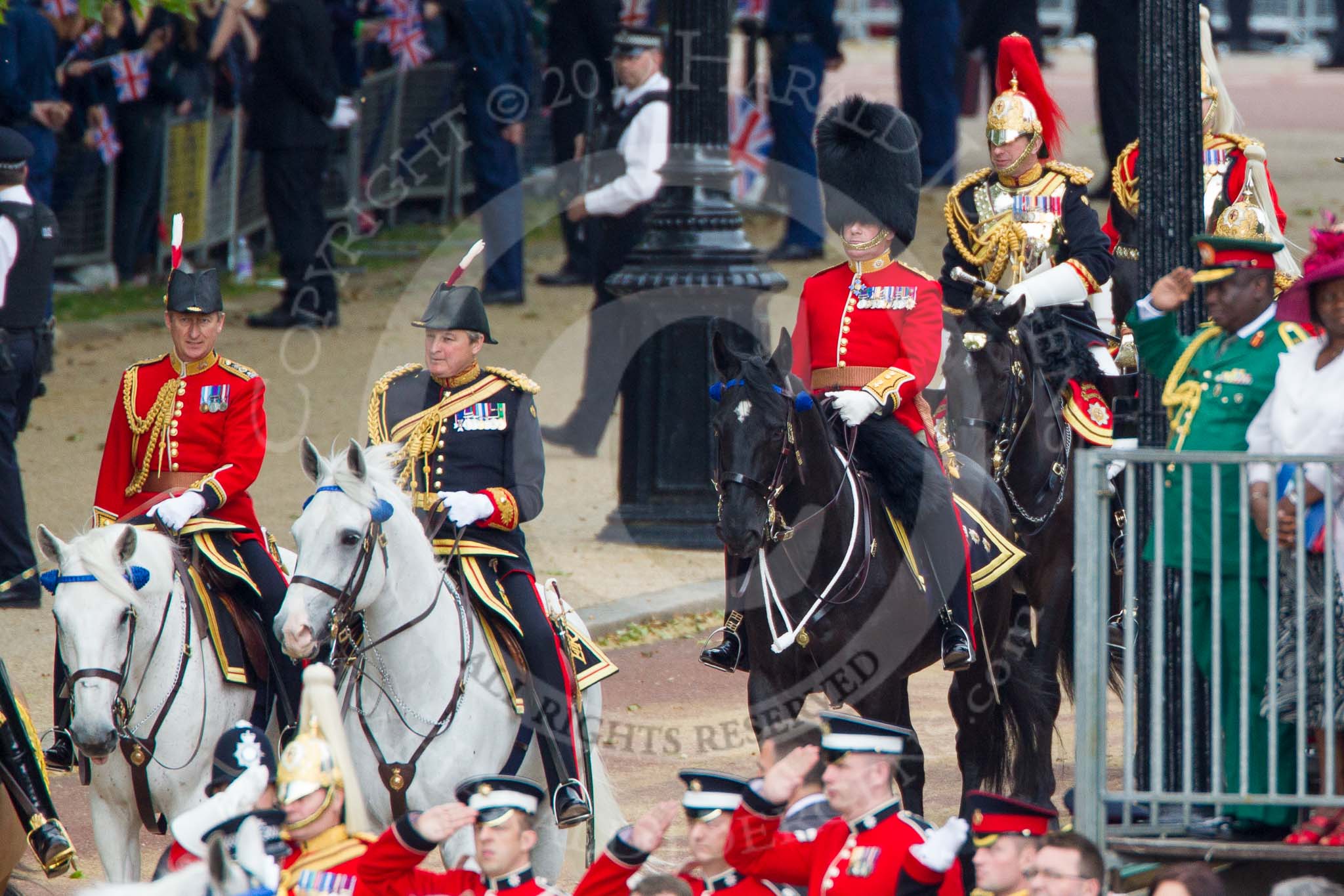 Trooping the Colour 2012: The Crown Equerry and Equerry in Waiting to Her Majesty, behind them Colonel Coldstream Guards, Lieutenant General J J C Bucknall..
Horse Guards Parade, Westminster,
London SW1,

United Kingdom,
on 16 June 2012 at 10:58, image #153