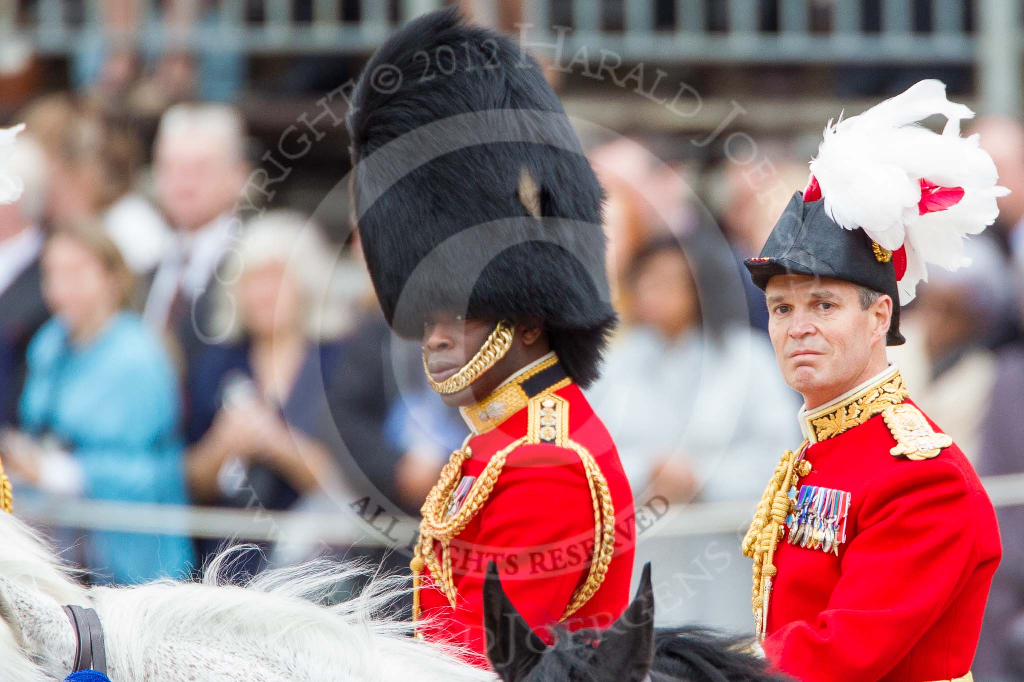 Trooping the Colour 2012: During the Inspection of the Line: Aide-de-Camp Captain F A O Kuku, Grenadier Guards, Major General Commanding the Household Division and General Officer Commanding London District, Major General G P R Norton..
Horse Guards Parade, Westminster,
London SW1,

United Kingdom,
on 16 June 2012 at 11:02, image #198