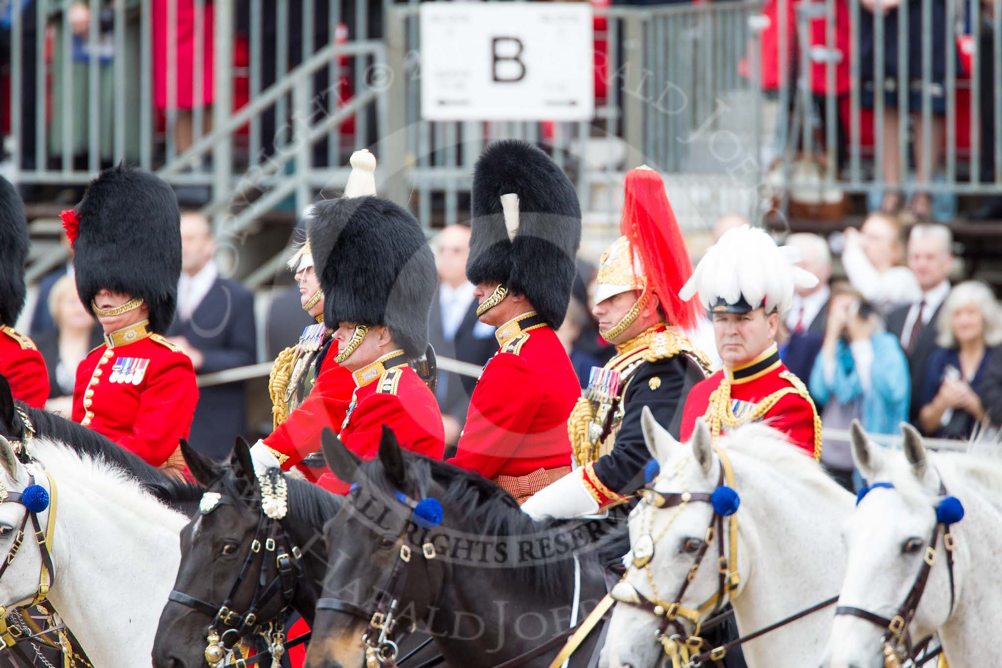 Trooping the Colour 2012: During the Inspection of the Line: Lieutenant Colonel J B O’Gorman, Irish Guards, Lieutenant Colonel H S J Scott, The Life Guards, Lieutenant Colonel A W Foster, Scots Guards, Major G V A Baker, Grenadier Guards, Silver-Stick-in-Waiting, Colonel S H Cowen, The Blues and Royals, and the Chief of Staff, Colonel R H W St G Bodington, Welsh Guards..
Horse Guards Parade, Westminster,
London SW1,

United Kingdom,
on 16 June 2012 at 11:02, image #199