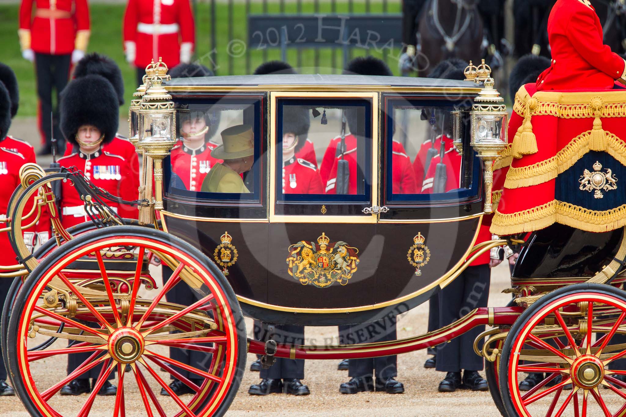 Trooping the Colour 2012: The Glass Coach with HM The Queen during the Inspection of the Line..
Horse Guards Parade, Westminster,
London SW1,

United Kingdom,
on 16 June 2012 at 11:03, image #214