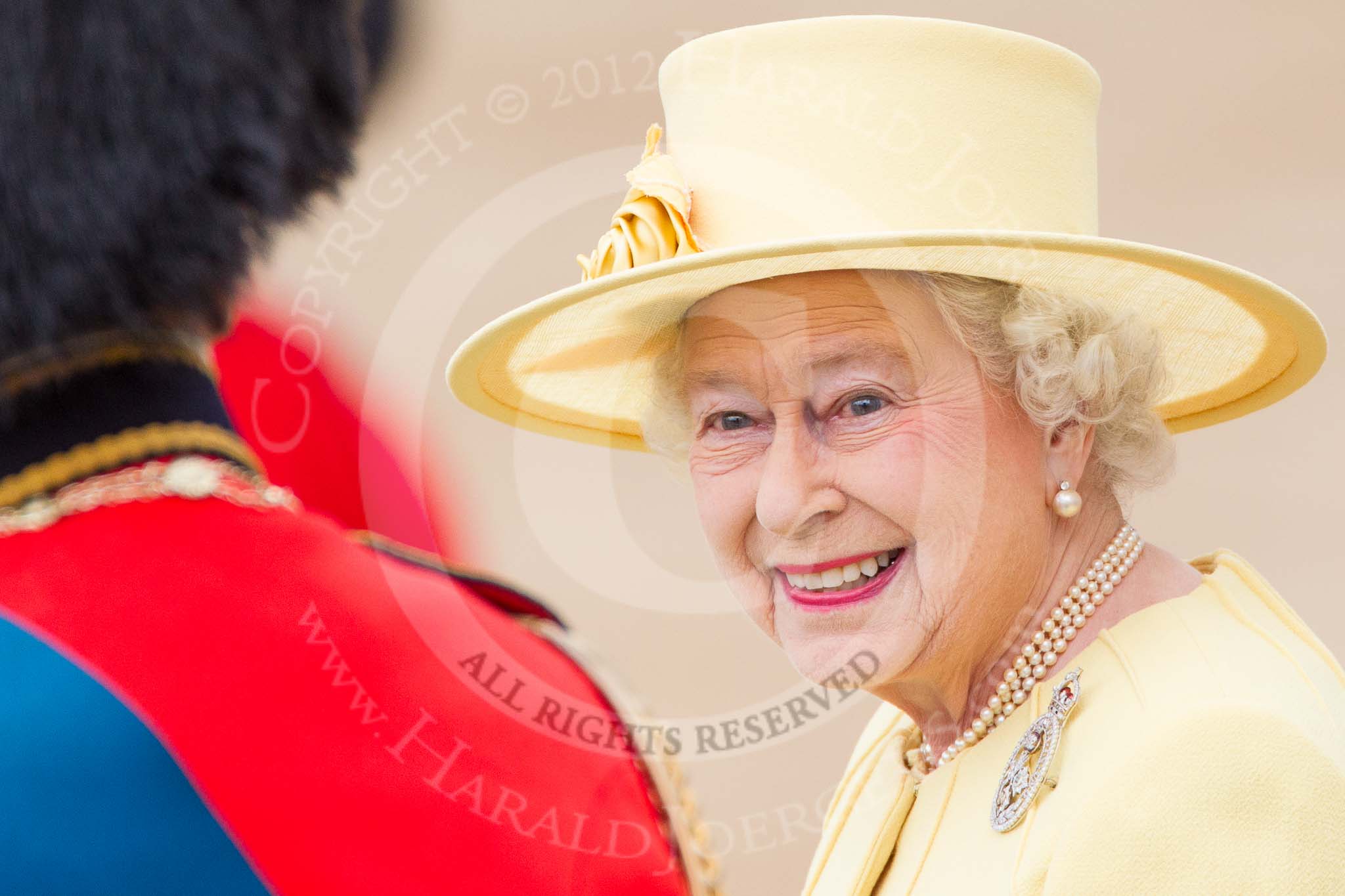 Trooping the Colour 2012: A close-up view of HM The Queen, after the Inspection of the Line back on the saluting basem with HRH The Prince Philip..
Horse Guards Parade, Westminster,
London SW1,

United Kingdom,
on 16 June 2012 at 11:08, image #253