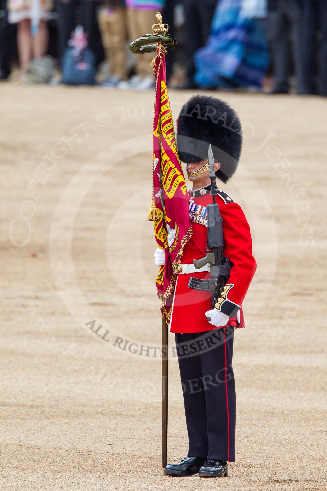 Trooping the Colour 2012: The Colour Sergeant, Paul Baines MC, with the Colour, the regimental flag of the Coldstream Guards, ready for the Collection of the Colour by the Escort..
Horse Guards Parade, Westminster,
London SW1,

United Kingdom,
on 16 June 2012 at 11:19, image #297