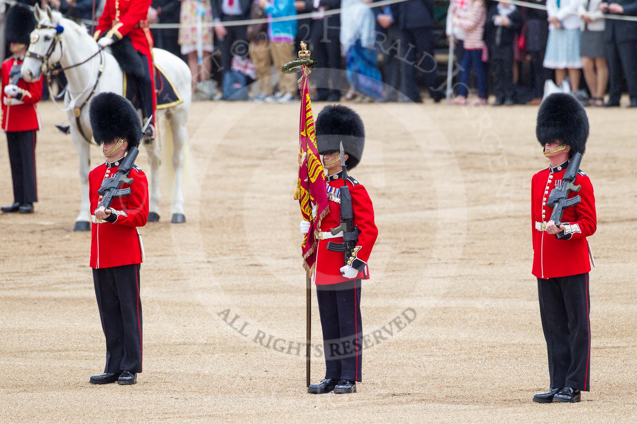 Trooping the Colour 2012: The Colour Party, ready for the Collection of the Colour by the Escort: Guardsman Dunbar, Colour Sergeant Paul Baines MC, and Guardsman Etherington..
Horse Guards Parade, Westminster,
London SW1,

United Kingdom,
on 16 June 2012 at 11:20, image #301