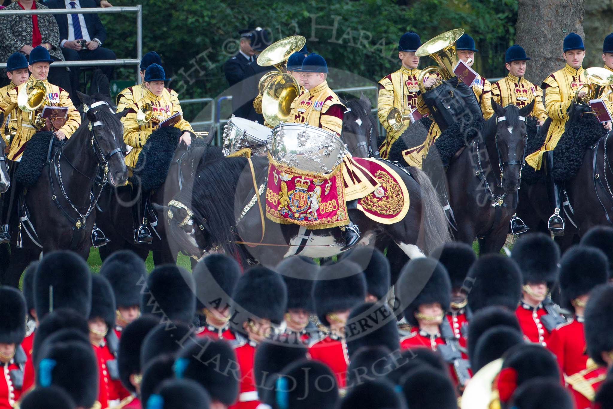 Trooping the Colour 2012: The Mounted Bands of the Household Cavalry, with the Ketteldrummer on one of the Drum Horses in front..
Horse Guards Parade, Westminster,
London SW1,

United Kingdom,
on 16 June 2012 at 11:21, image #304