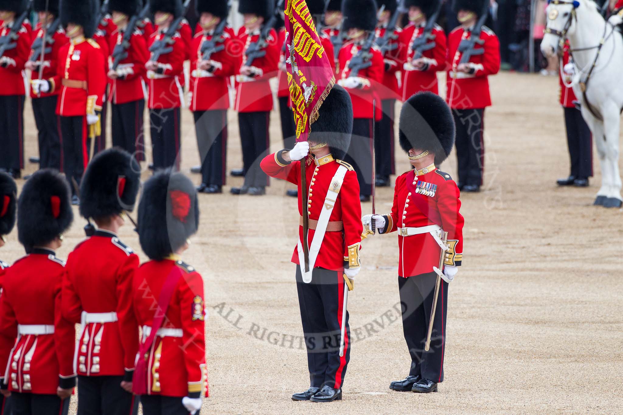 Trooping the Colour 2012: The handover is complete, and the Ensign turns towards the Escort for the Colour that has now become the Escort to the Colour..
Horse Guards Parade, Westminster,
London SW1,

United Kingdom,
on 16 June 2012 at 11:21, image #311