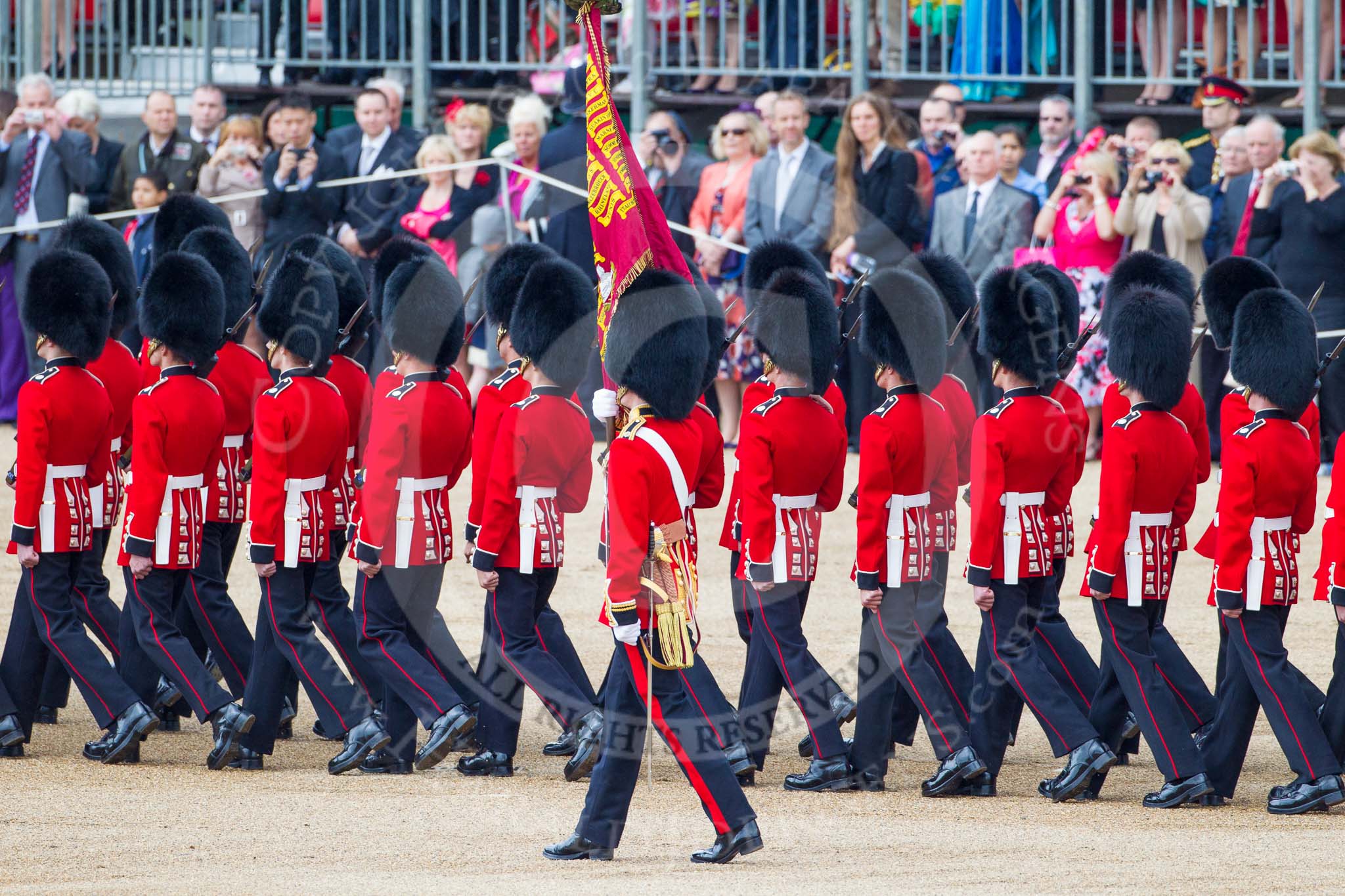 Trooping the Colour 2012: The Escort to the Colour, with the Ensign, Hugo Codrington, carrying the Colour, in front..
Horse Guards Parade, Westminster,
London SW1,

United Kingdom,
on 16 June 2012 at 11:24, image #335