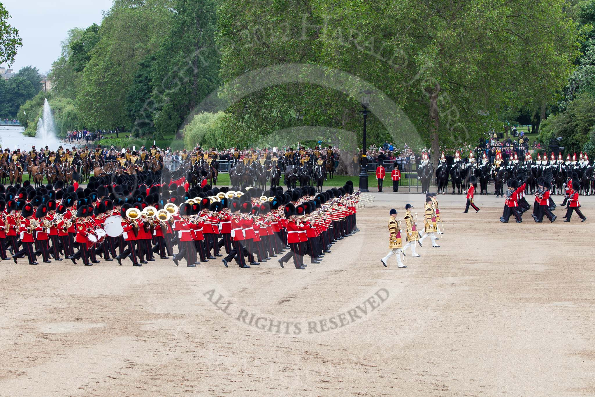 Trooping the Colour 2012: The March Past - the guards divisions marching anti-clockwise (No. 4 Guard can be seen on the very right), with the Massed Bands marching from the left to the right..
Horse Guards Parade, Westminster,
London SW1,

United Kingdom,
on 16 June 2012 at 11:32, image #378