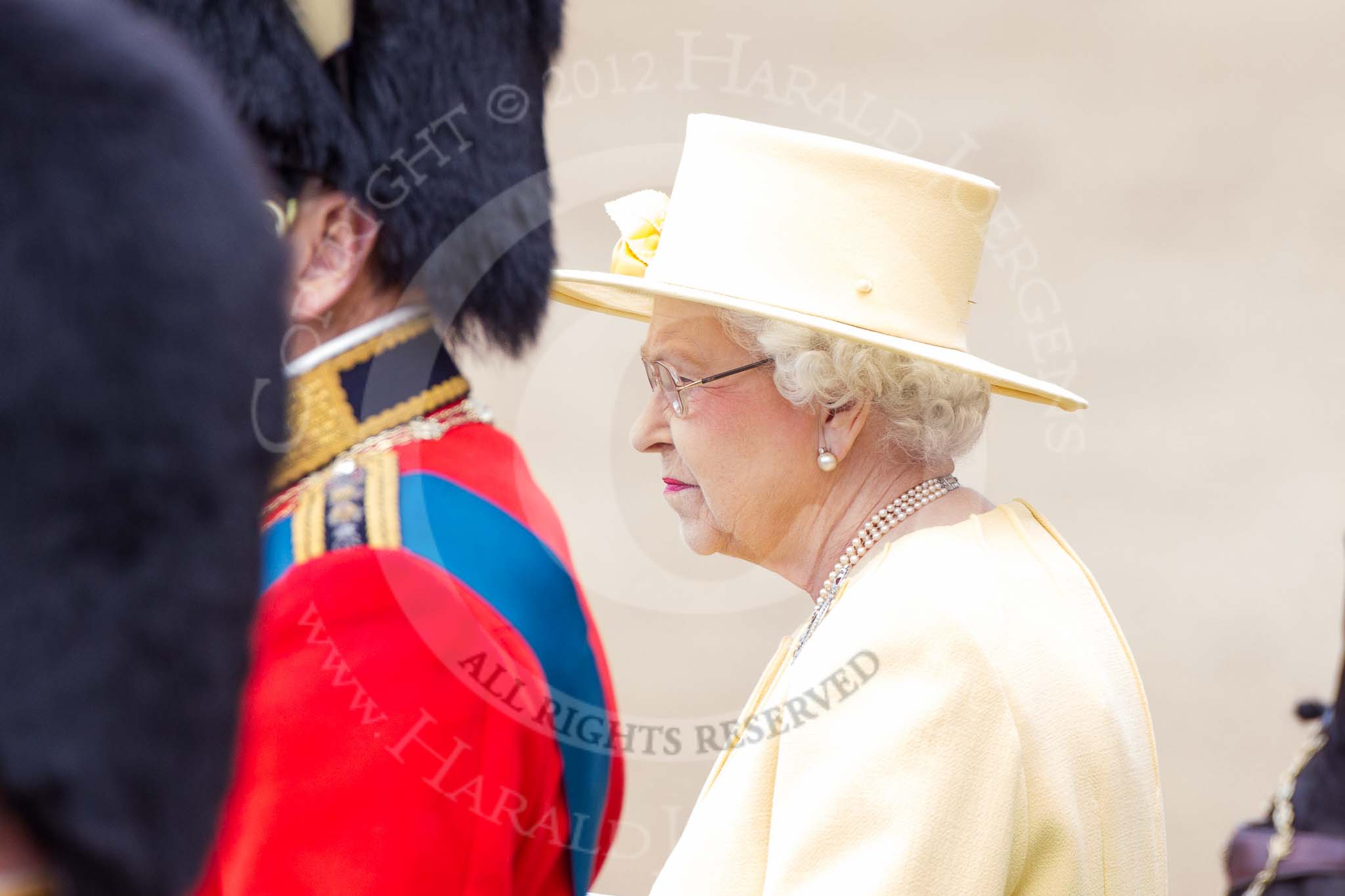 Trooping the Colour 2012: HM The Queen, HRH Prince Philip, and the Royal Colonels watching the Ensing carrying the Colour during the flourish..
Horse Guards Parade, Westminster,
London SW1,

United Kingdom,
on 16 June 2012 at 11:37, image #429