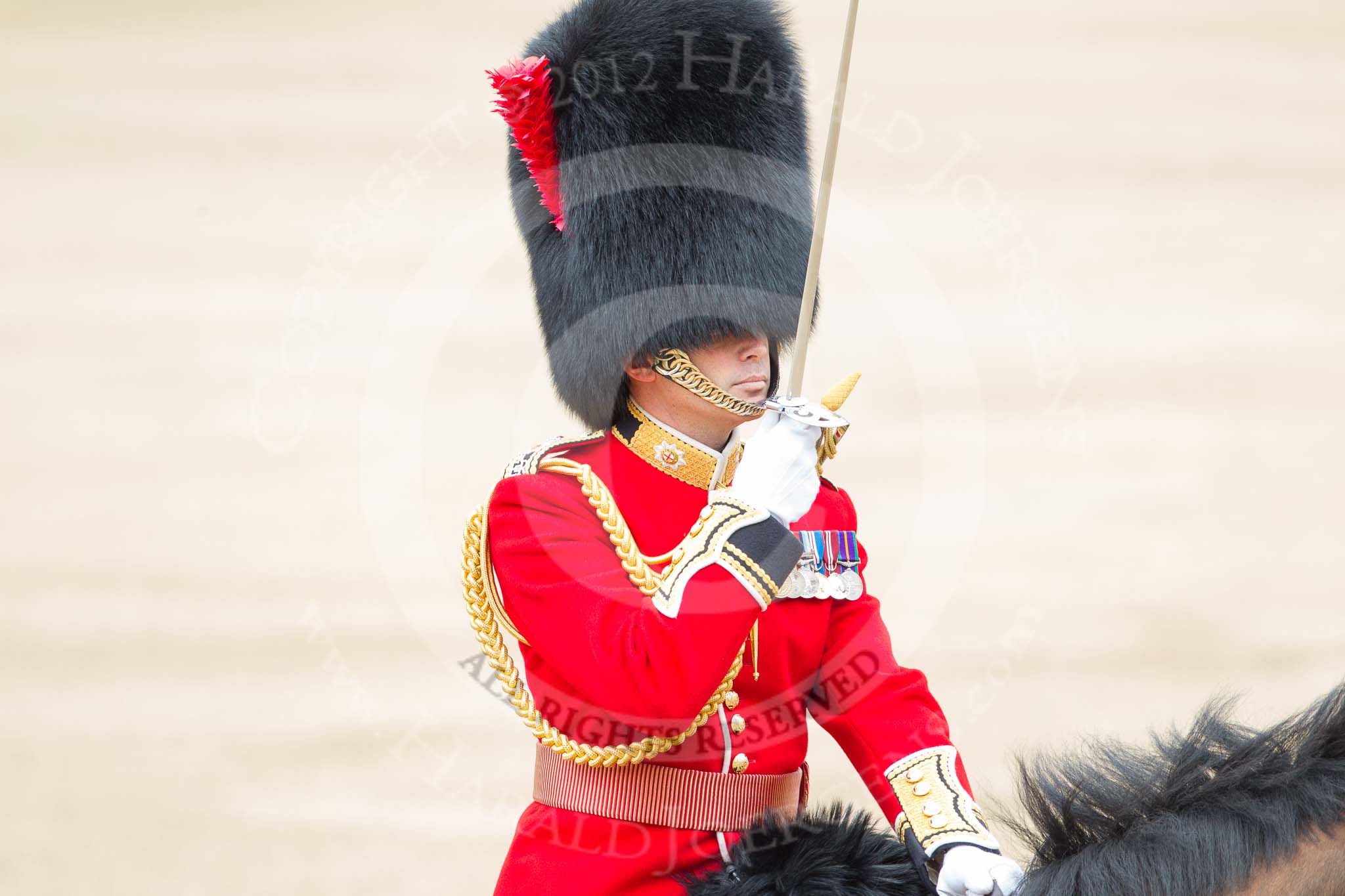 Trooping the Colour 2012: The Field Officer in Brigade Waiting, Lieutenant Colonel R C N Sergeant, Coldstream Guards, saluting to Her Majesty..
Horse Guards Parade, Westminster,
London SW1,

United Kingdom,
on 16 June 2012 at 11:40, image #456