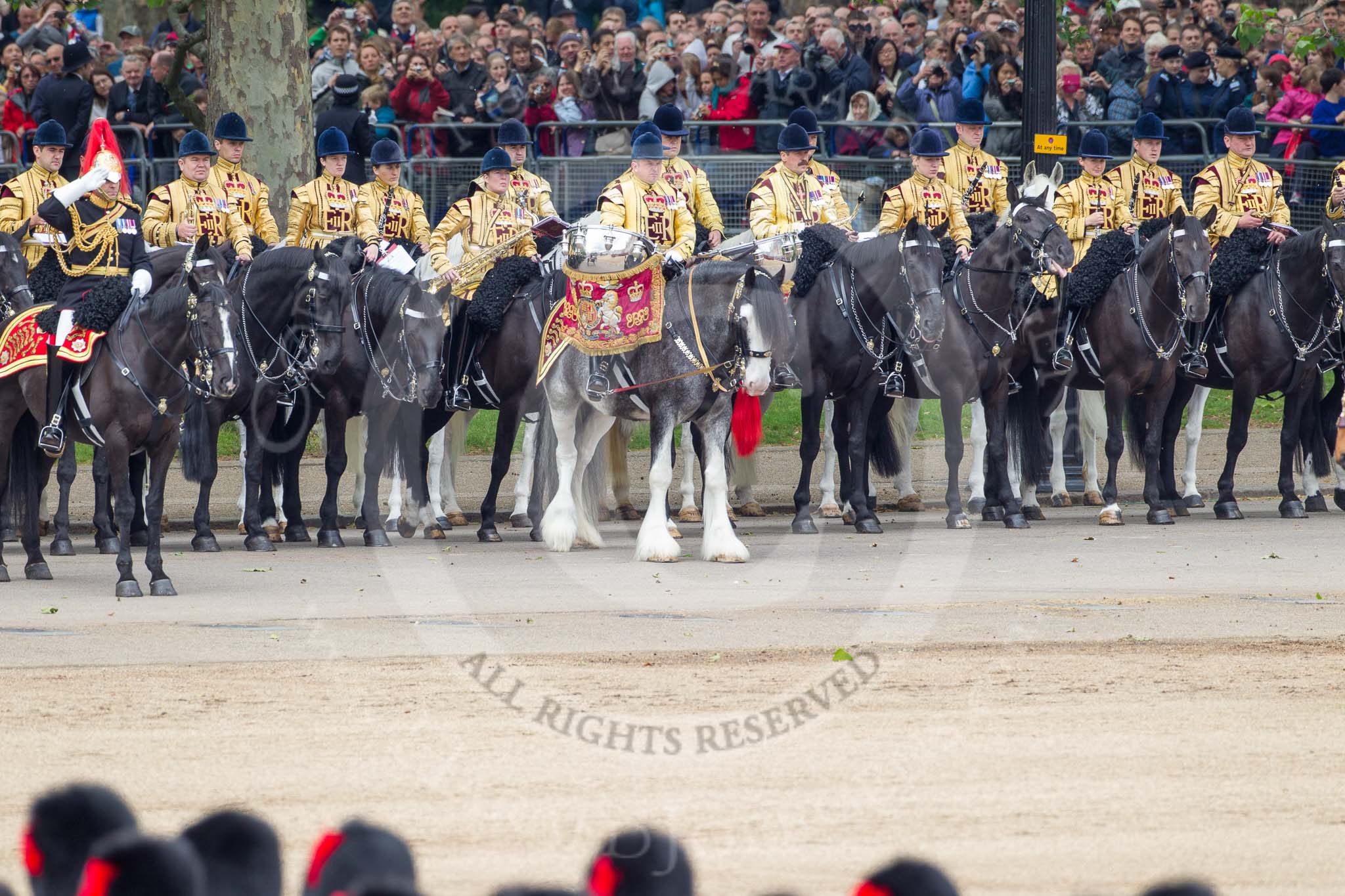 Trooping the Colour 2012: The Mounted Bands of the Household Cavalry during the March Past. On the left, saluting the Colour, Captain J Griffiths, The Blues and Royals..
Horse Guards Parade, Westminster,
London SW1,

United Kingdom,
on 16 June 2012 at 11:40, image #460