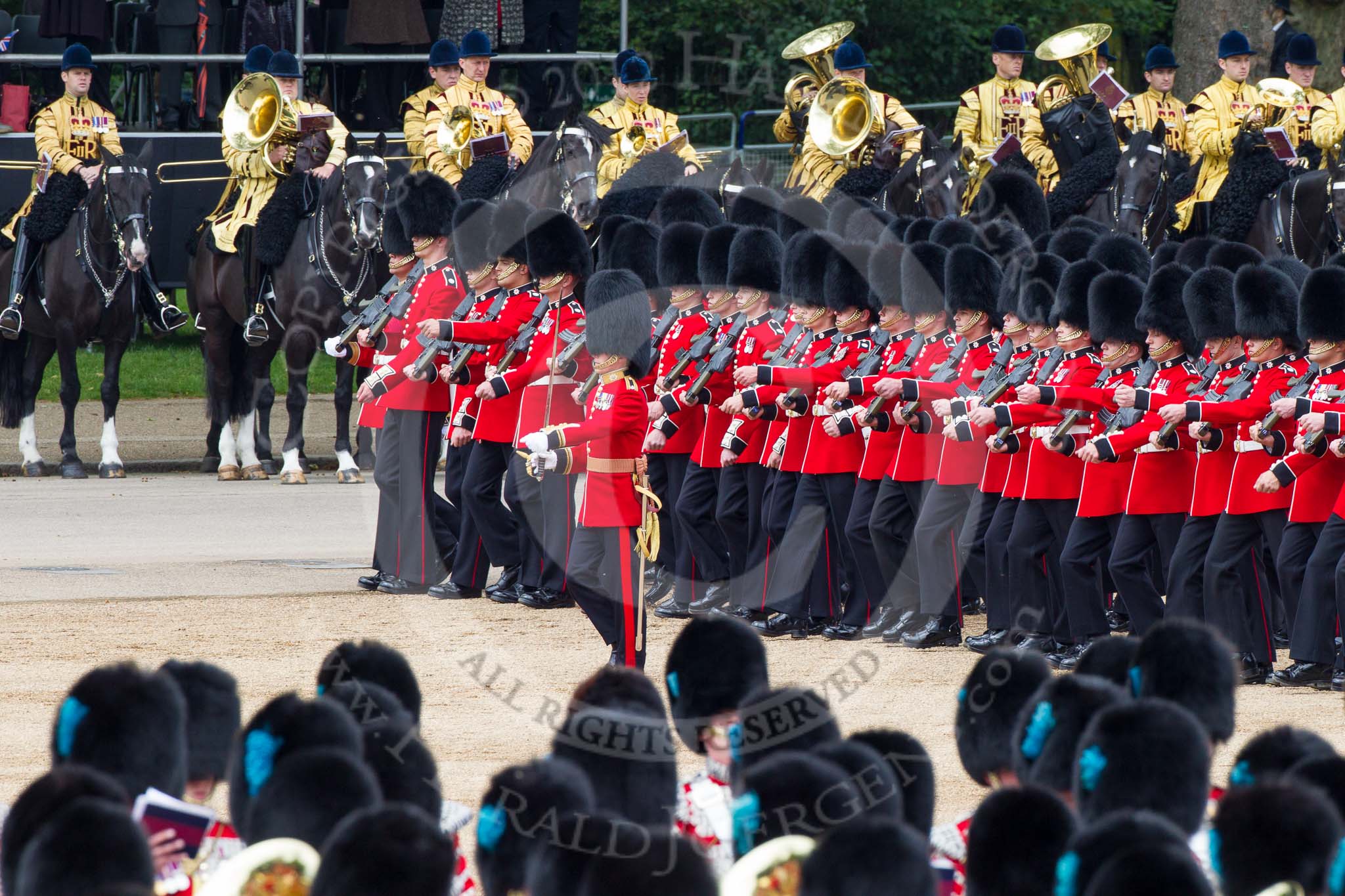 Trooping the Colour 2012: The March Past: No. 1 Guard (Escort to the Colour)
1st Battalion Coldstream Guards, in front Major C M J d’Apice..
Horse Guards Parade, Westminster,
London SW1,

United Kingdom,
on 16 June 2012 at 11:42, image #465