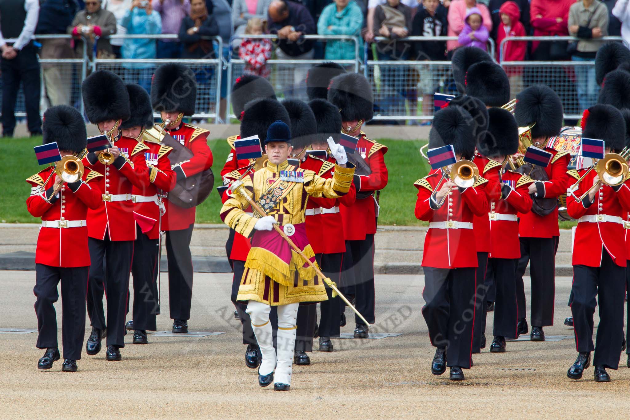 The Colonel's Review 2013: The Band of the Coldstream Guards, led by Senior Drum Major Matthew Betts, Grenadier Guards, marching onto Horse Guards Parade..
Horse Guards Parade, Westminster,
London SW1,

United Kingdom,
on 08 June 2013 at 10:13, image #49