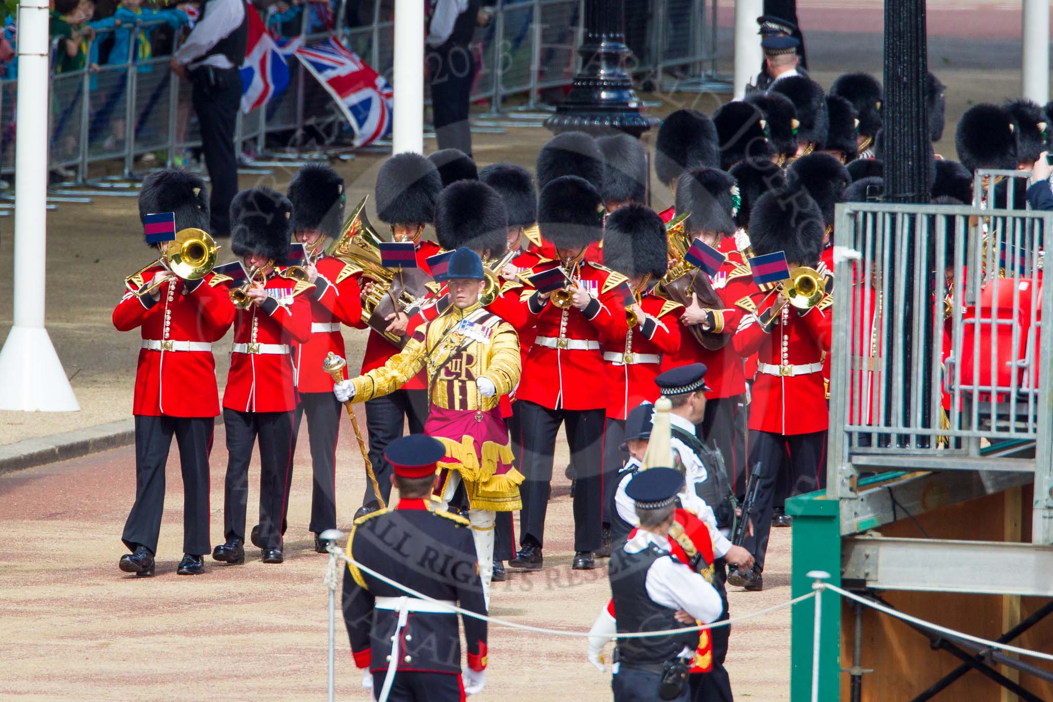 The Colonel's Review 2013: Drum Major Neill Lawman, Welsh Guards, leading the Band of the Welsh Guards down Horse Guards Road..
Horse Guards Parade, Westminster,
London SW1,

United Kingdom,
on 08 June 2013 at 10:30, image #114