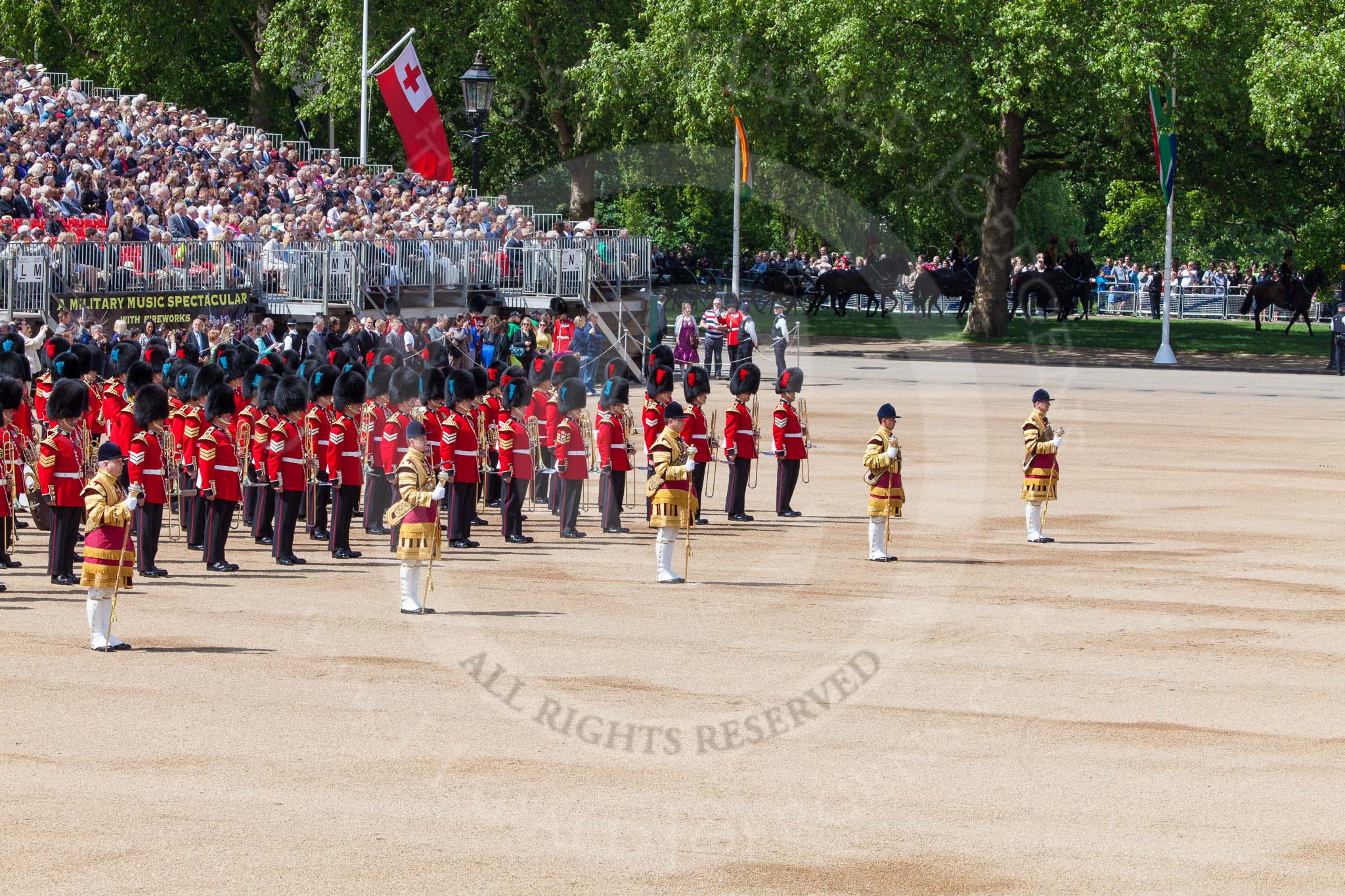 The Colonel's Review 2013: The Massed Bands are ready and in position, with the five Drum Majors in front..
Horse Guards Parade, Westminster,
London SW1,

United Kingdom,
on 08 June 2013 at 10:39, image #183