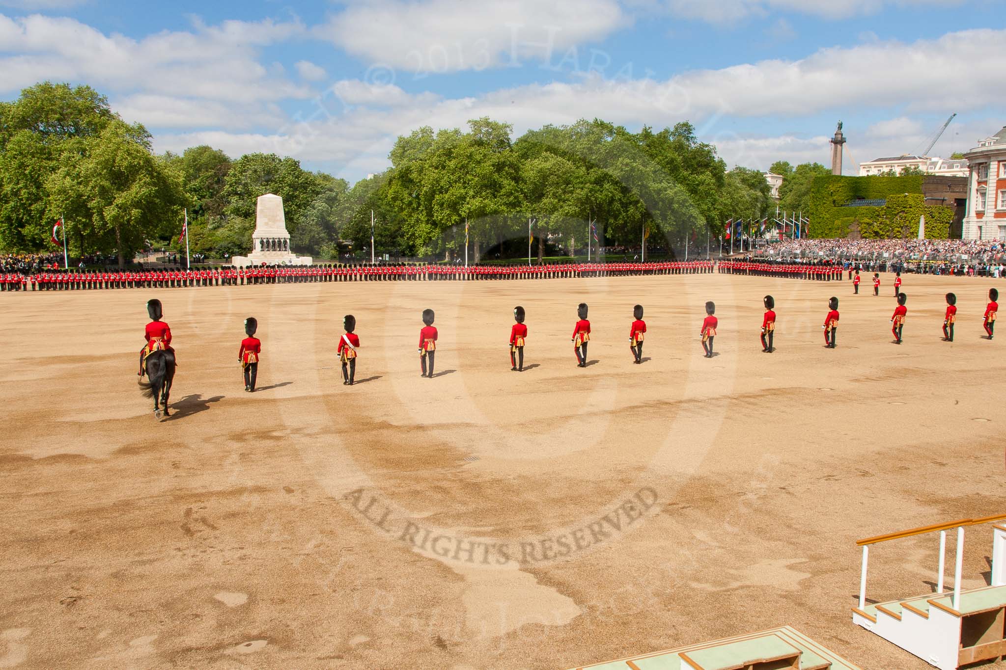 The Colonel's Review 2013: The eighteen officers are marching back towards their Guards, with the Major of the Parade on their left..
Horse Guards Parade, Westminster,
London SW1,

United Kingdom,
on 08 June 2013 at 10:41, image #192